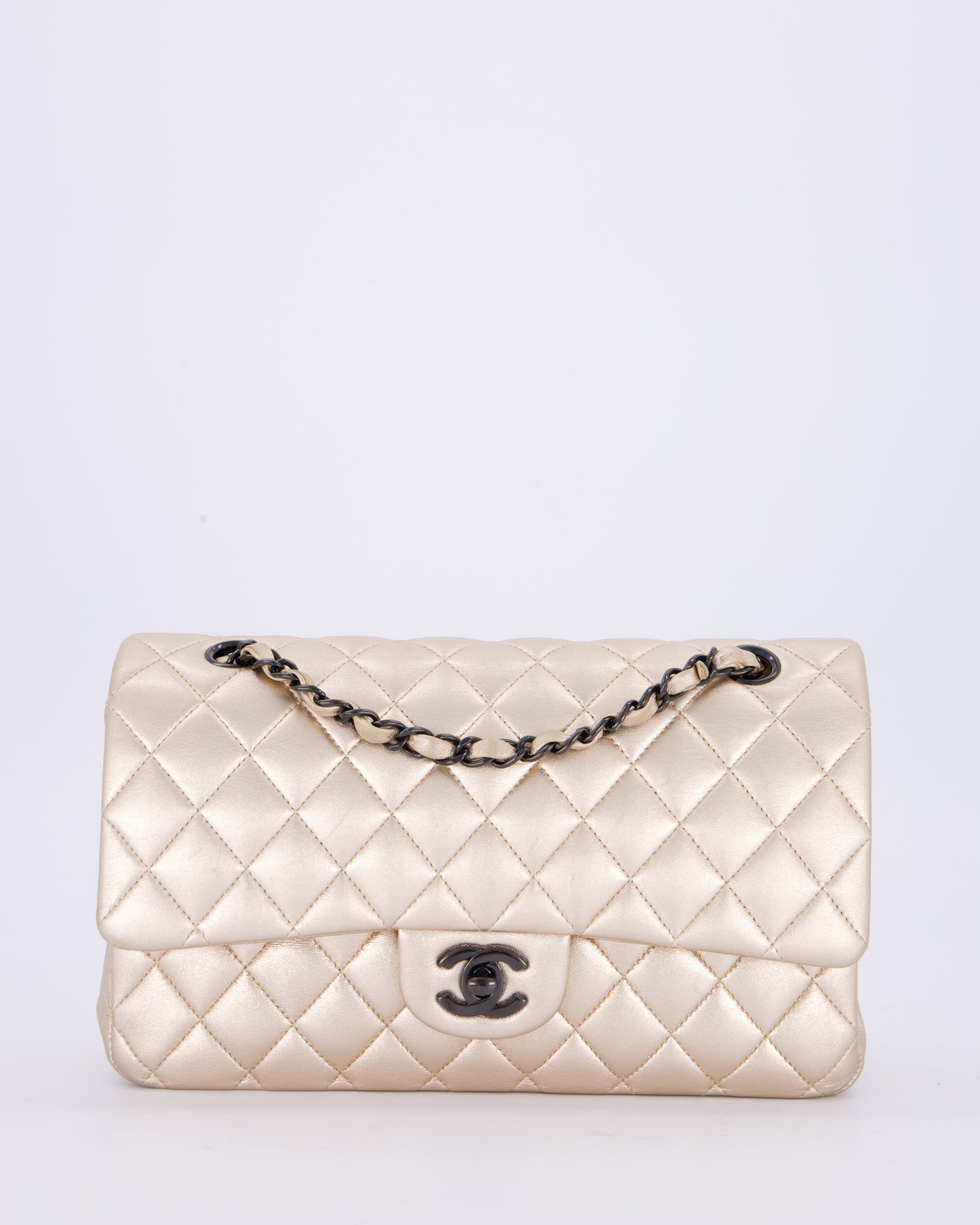 Chanel Metallic Gold Medium Classic Double Flap Bag in Lambskin Leather with So Black Hardware