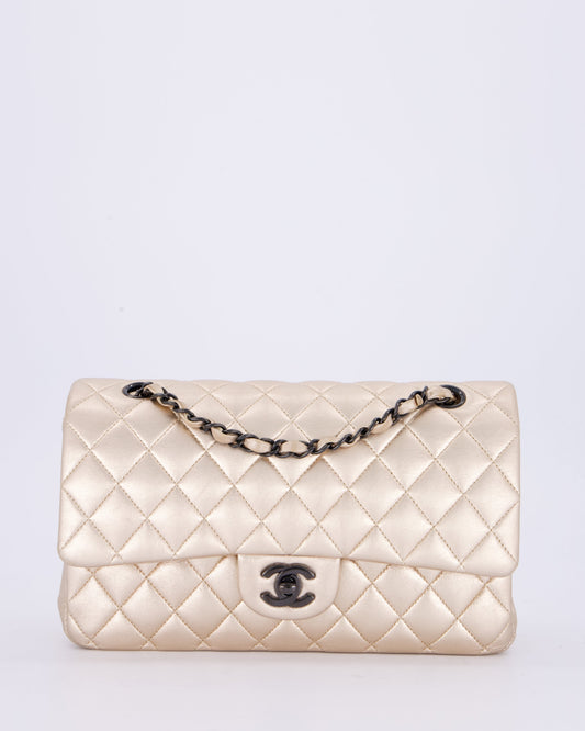 Chanel Metallic Gold Medium Classic Double Flap Bag in Lambskin Leather with So Black Hardware
