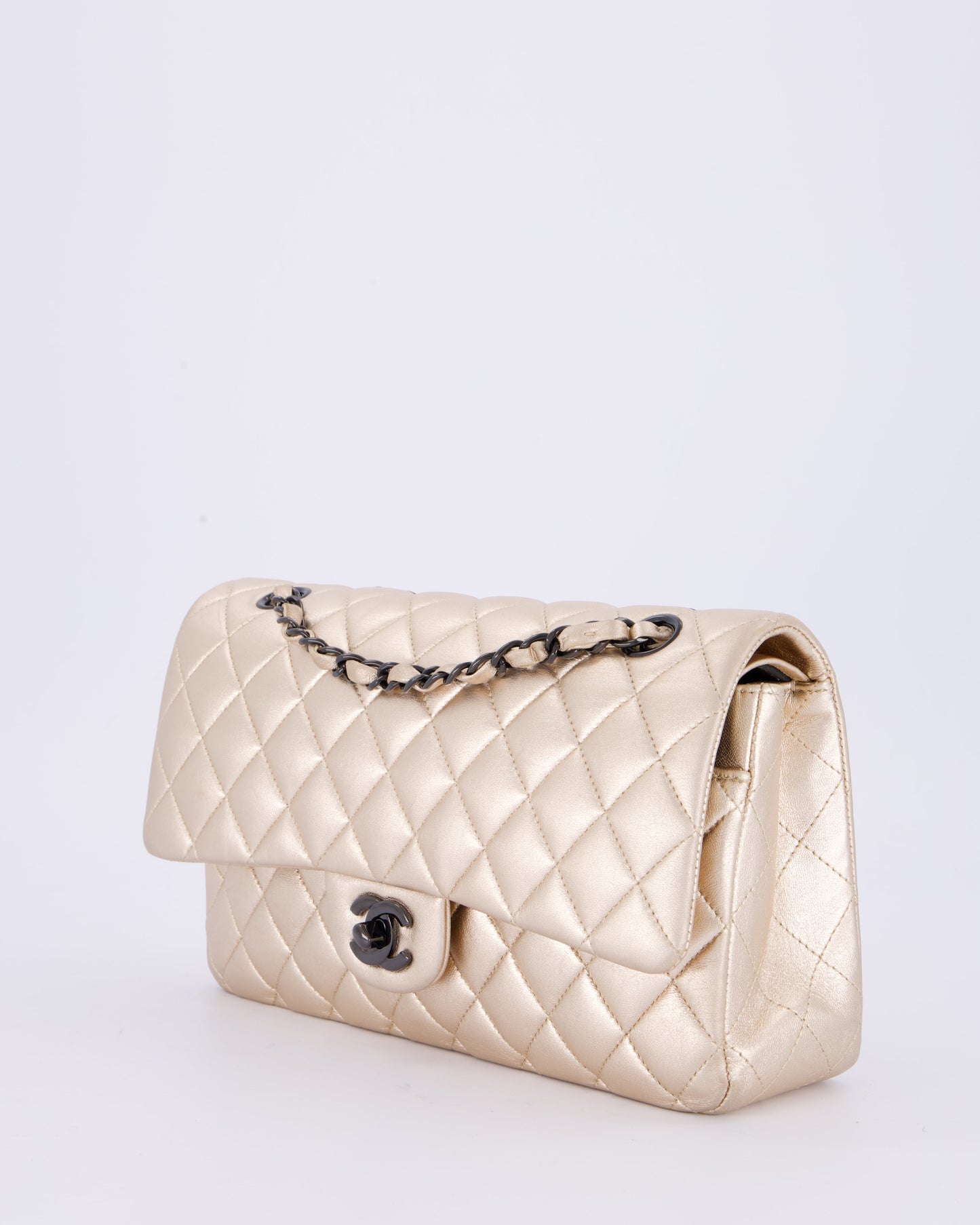 Chanel Metallic Gold Medium Classic Double Flap Bag in Lambskin Leather with So Black Hardware