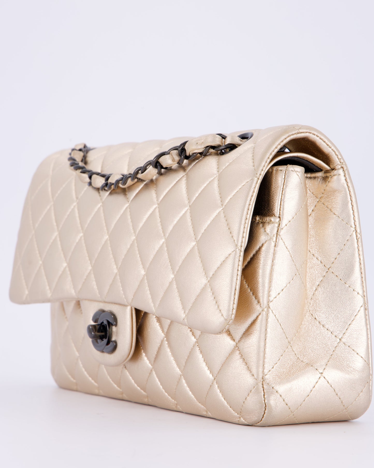Chanel Metallic Gold Medium Classic Double Flap Bag in Lambskin Leather with So Black Hardware