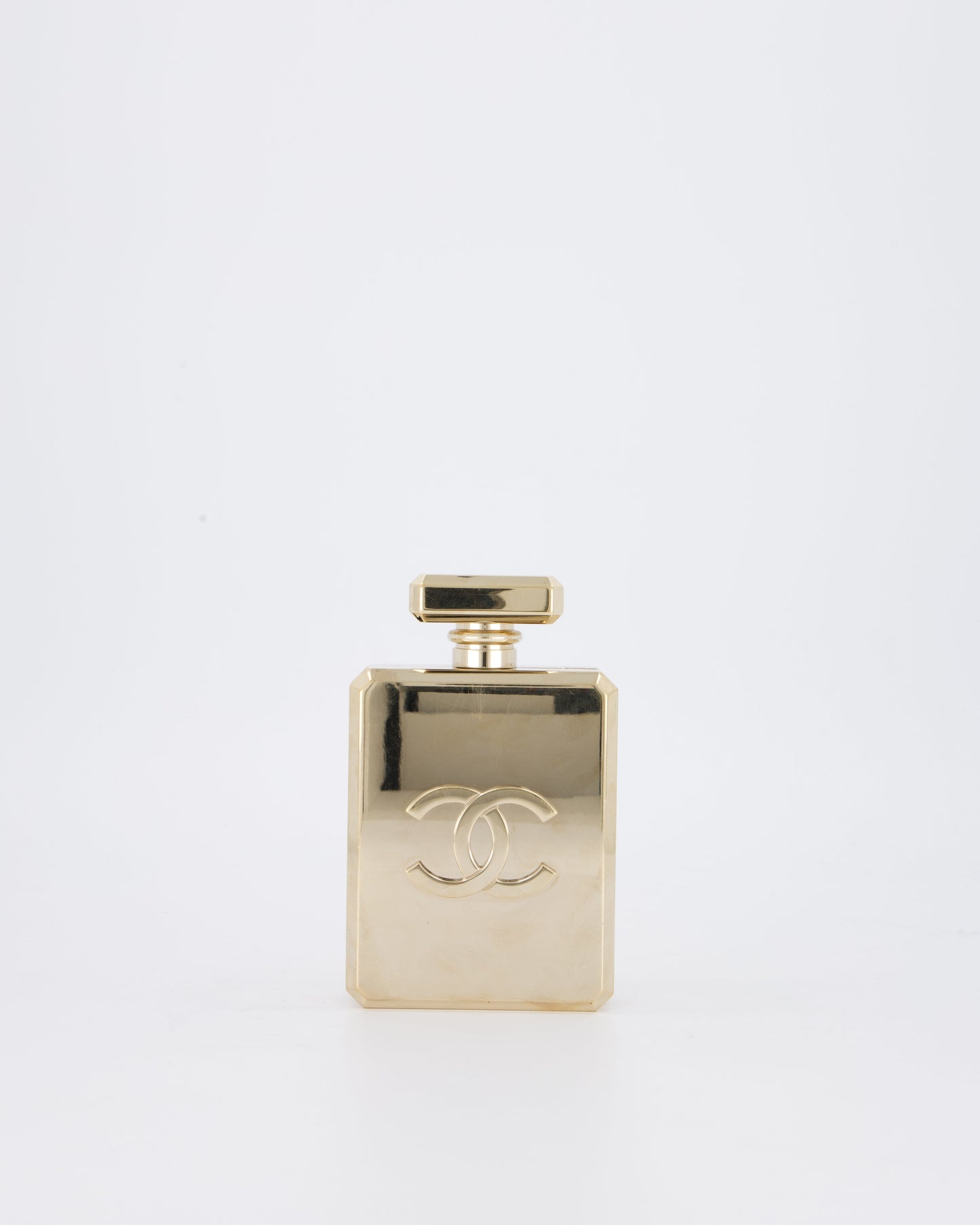 Chanel 2022 Gold Minaudière Perfume Bottle with Chanel CC Logo and Letter Details