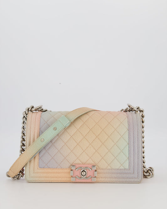 Chanel Medium Boy Bag in Patel Rainbow Caviar Leather withvSilver and Pink Enamel Hardware