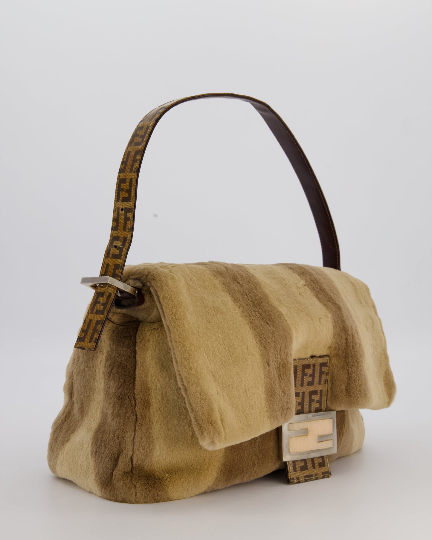 Fendi Vintage Medium Mamma Baguette Bag in Beige Rabbit Fur with Silver Hardware & Brown FF Strap
