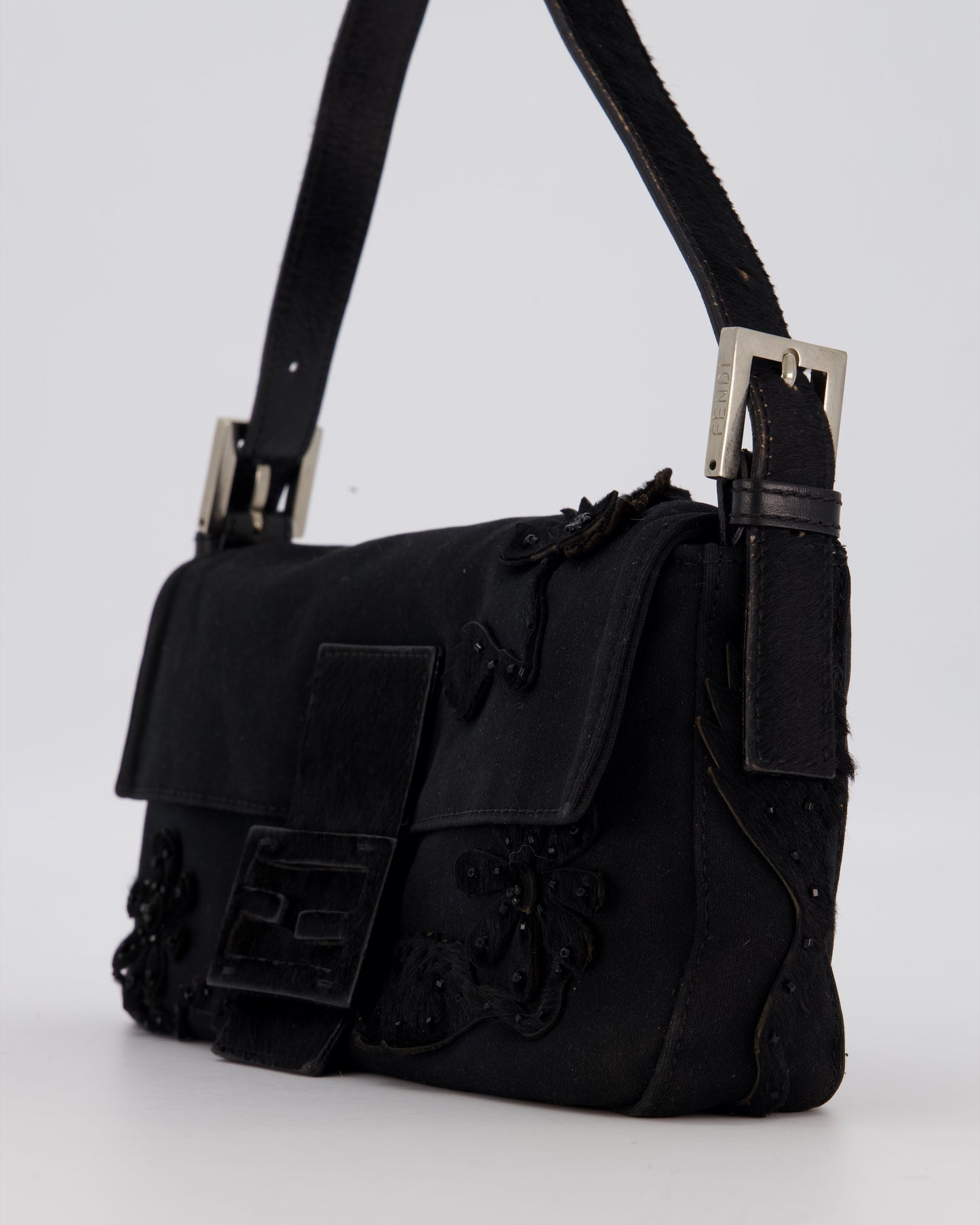 Fendi Black Baguette Floral Appliqué Shoulder Bag in Fabric & Pony Hair with Silver Hardware