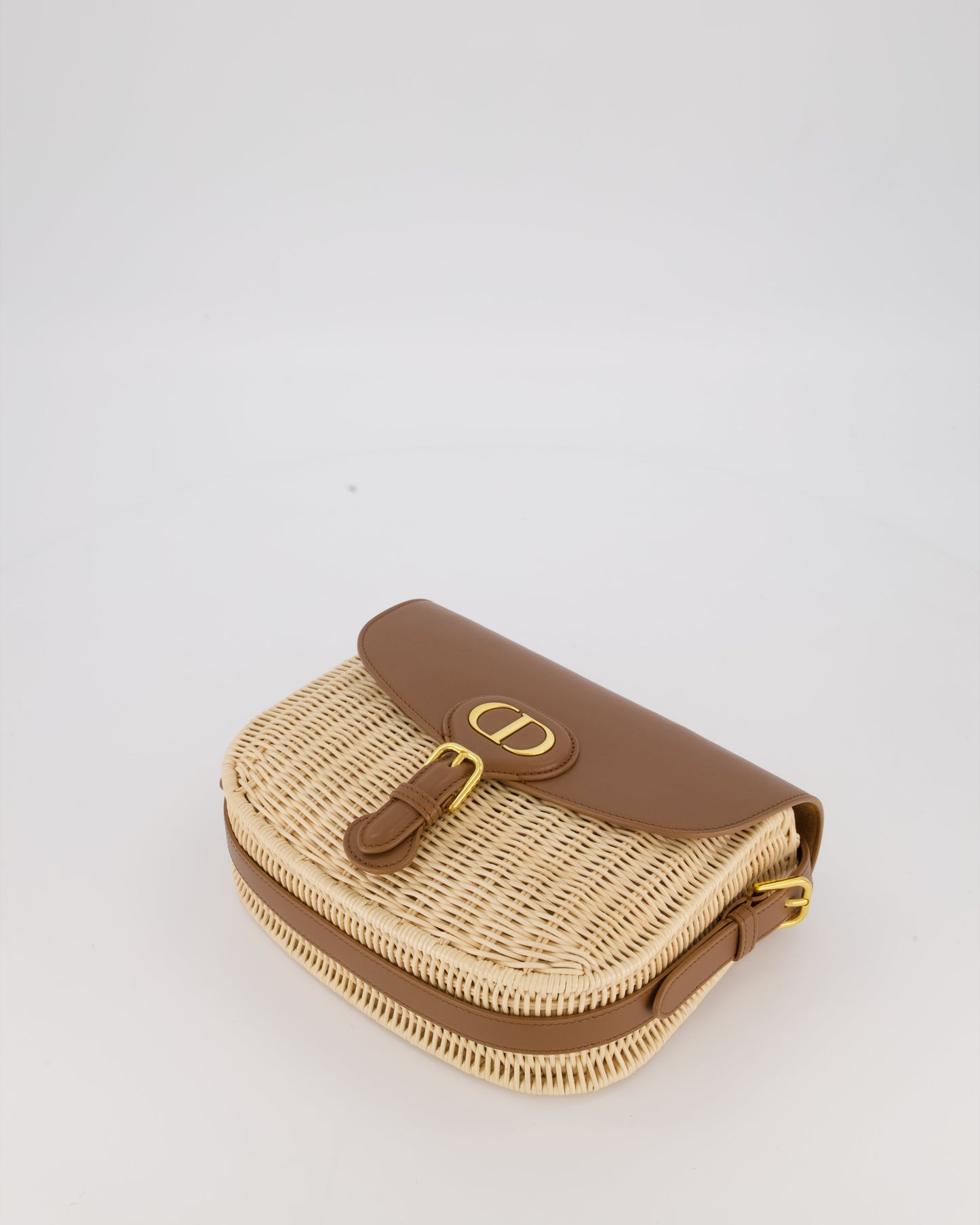 Christian Dior Medium Bobby Bag in Brown Calfskin and Wicker with Gold Hardware