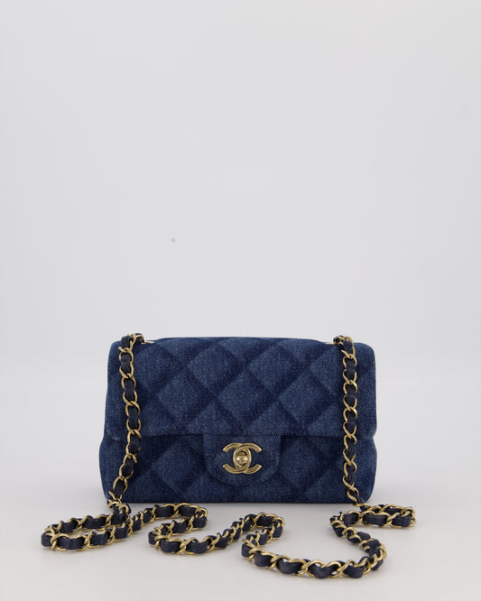 Chanel Dark Blue Quilted-Effect Blue Mini Rectangular Flap Bag in Denim with Gold Hardware