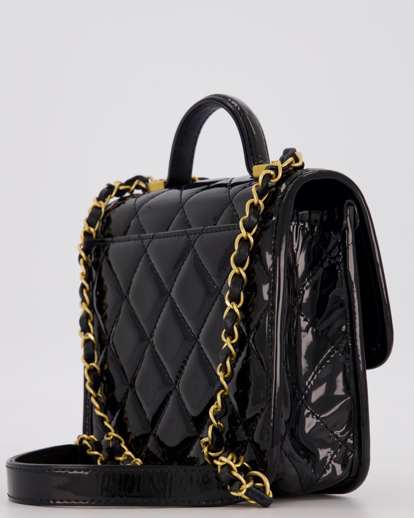 Chanel School Memory Square Top Handle Flap Bag in Black Patent Leather with Gold Hardware