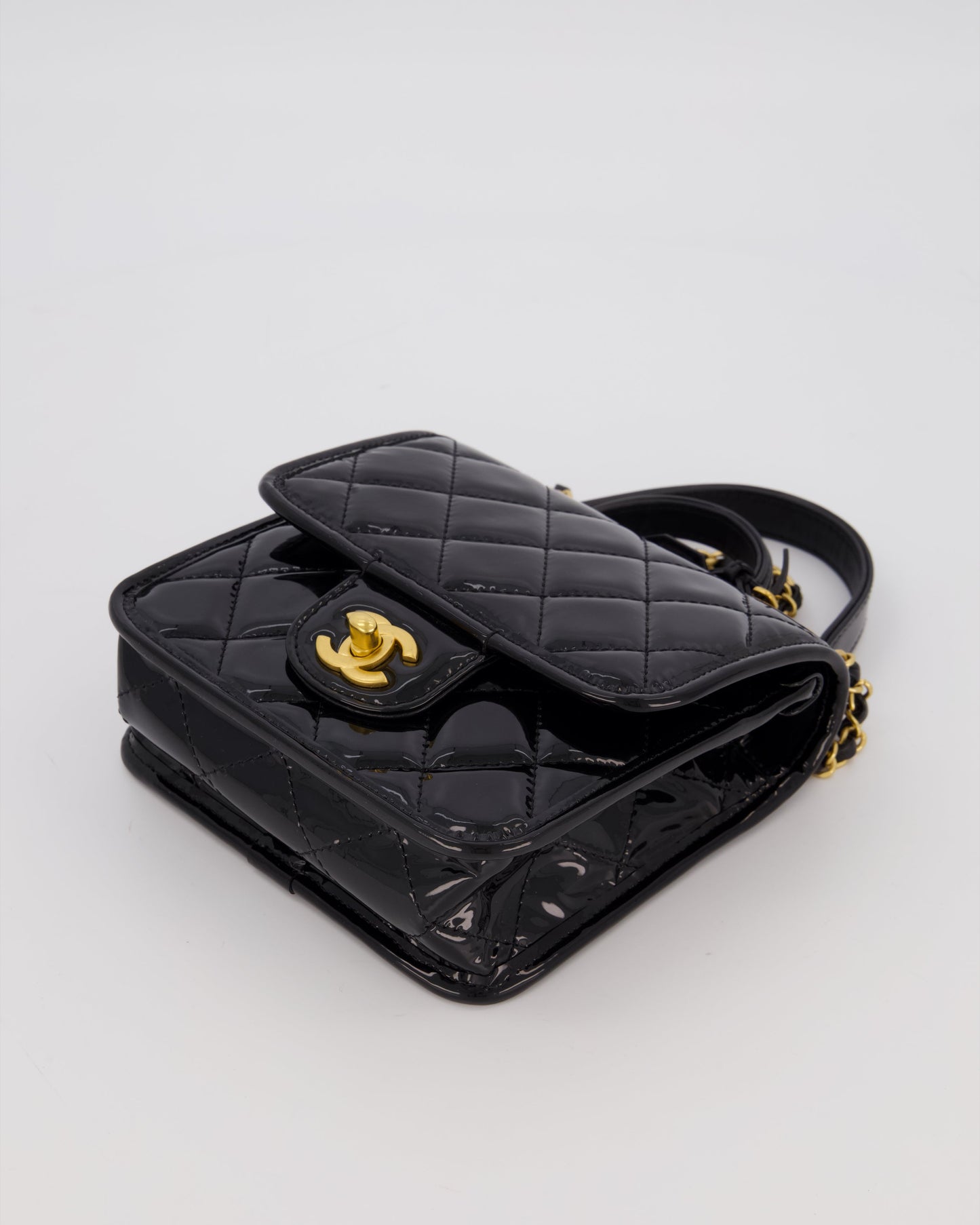Chanel School Memory Square Top Handle Flap Bag in Black Patent Leather with Gold Hardware