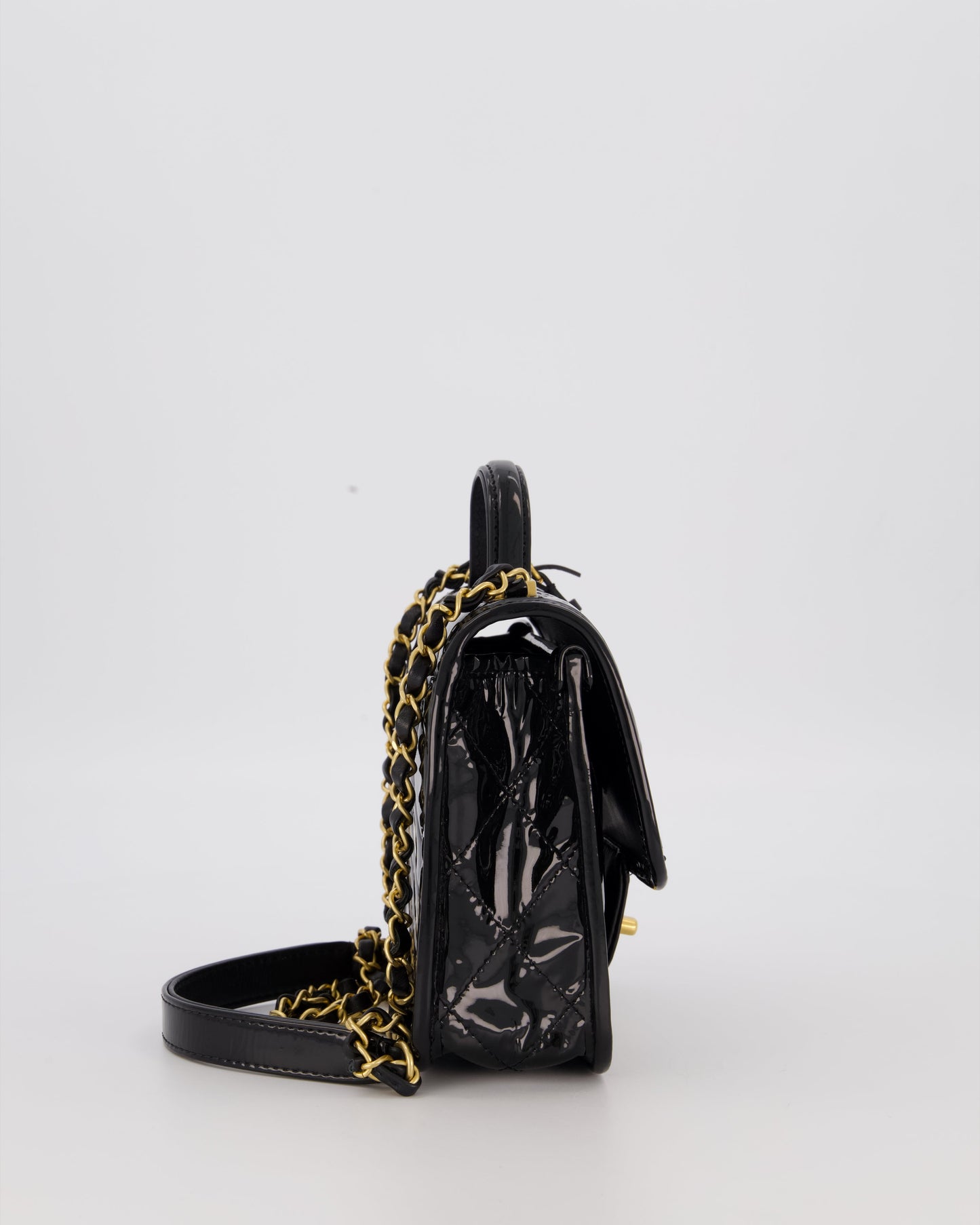 Chanel School Memory Square Top Handle Flap Bag in Black Patent Leather with Gold Hardware