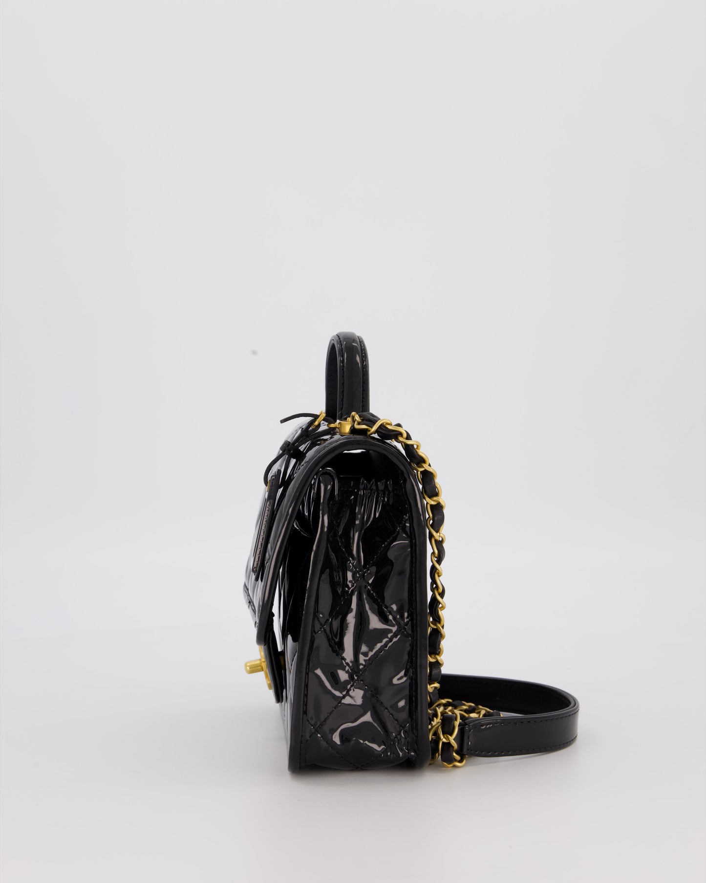 Chanel School Memory Square Top Handle Flap Bag in Black Patent Leather with Gold Hardware
