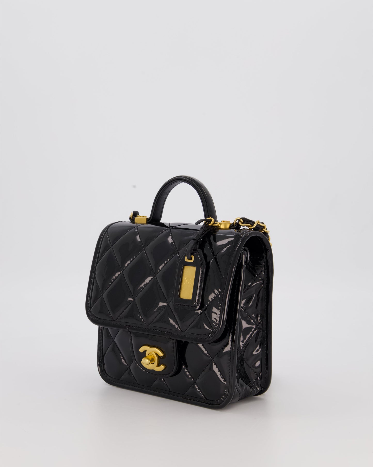 Chanel School Memory Square Top Handle Flap Bag in Black Patent Leather with Gold Hardware