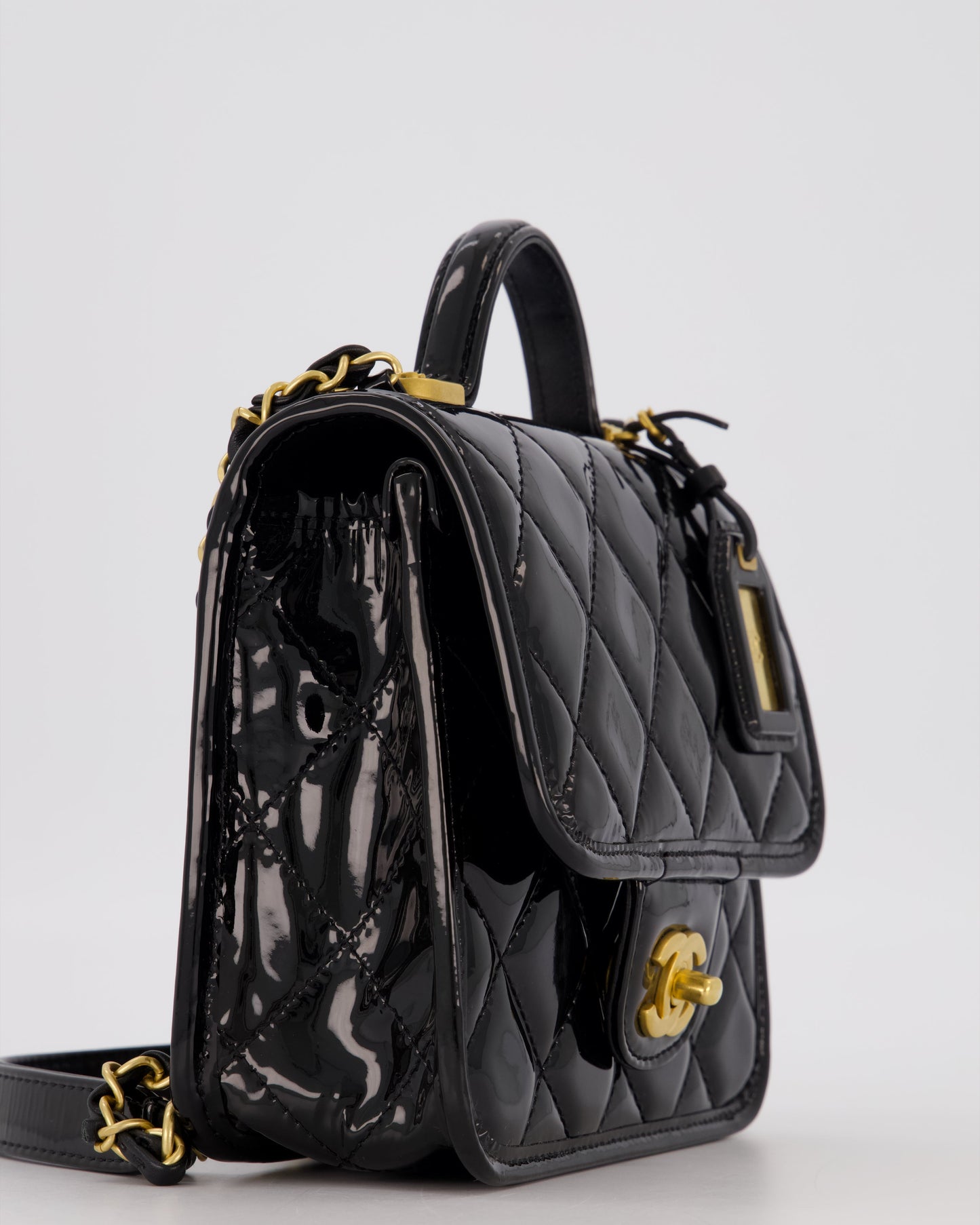Chanel School Memory Square Top Handle Flap Bag in Black Patent Leather with Gold Hardware