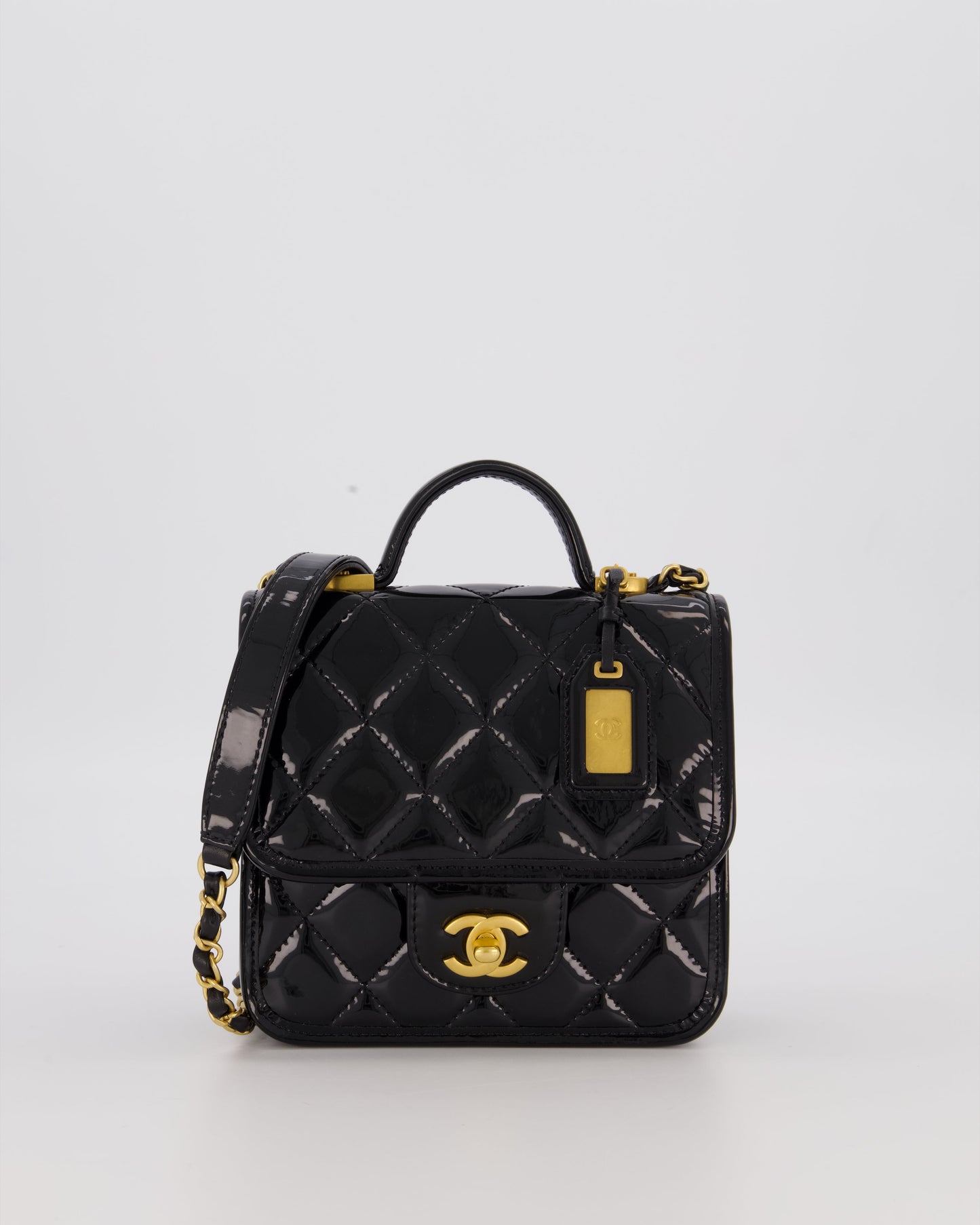 Chanel School Memory Square Top Handle Flap Bag in Black Patent Leather with Gold Hardware