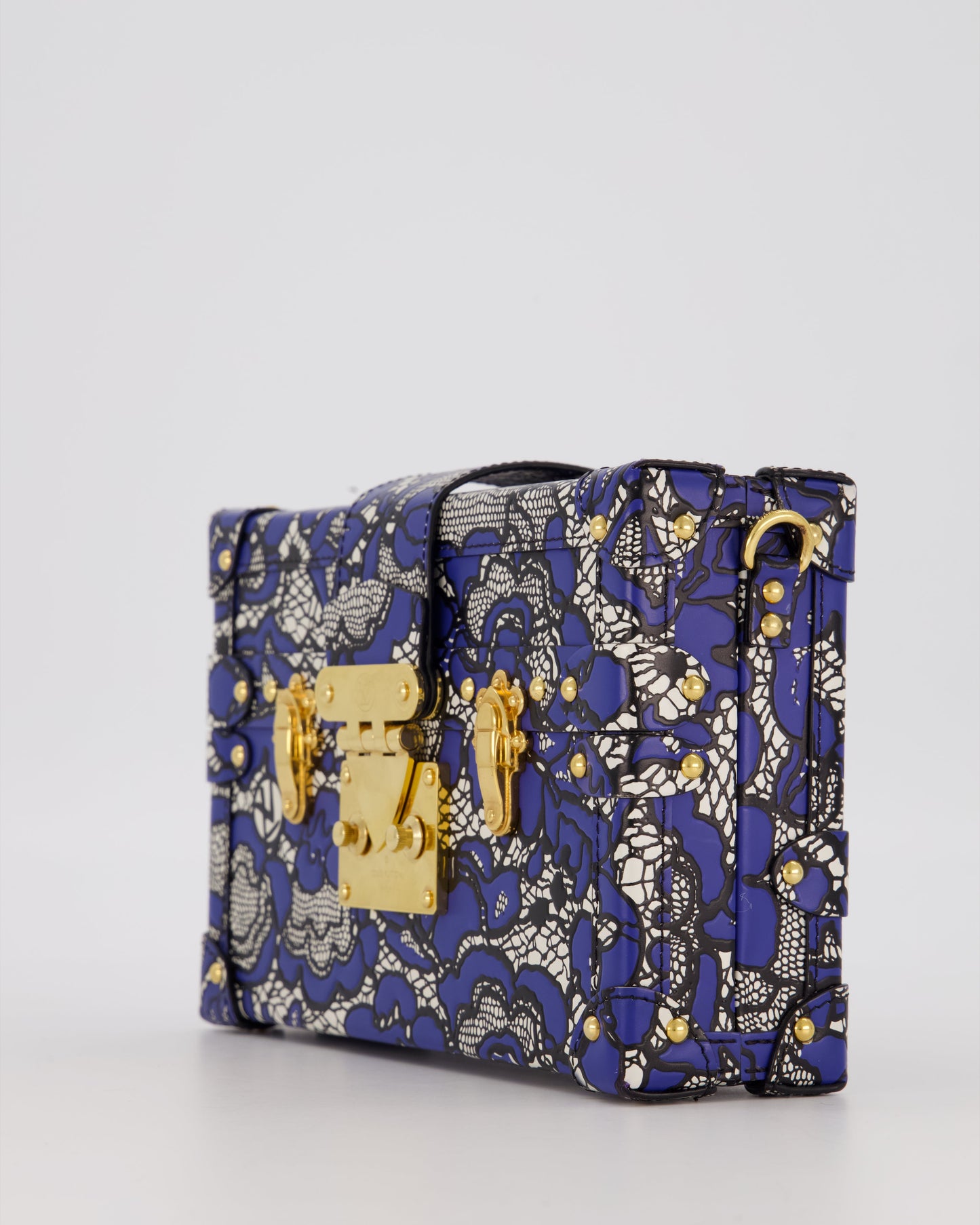 Louis Vuitton Blue Lace Floral Petite Malle Bag in Calfskin Leather With Gold Hardware