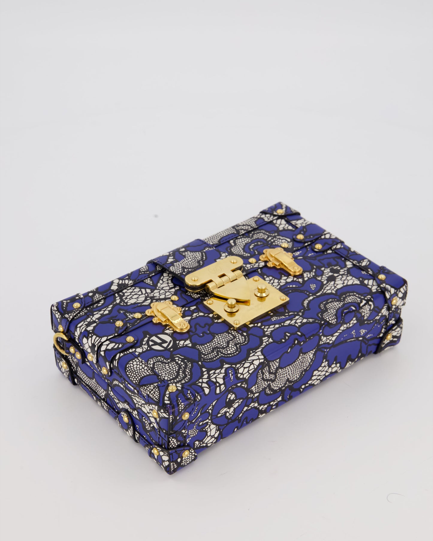Louis Vuitton Blue Lace Floral Petite Malle Bag in Calfskin Leather With Gold Hardware
