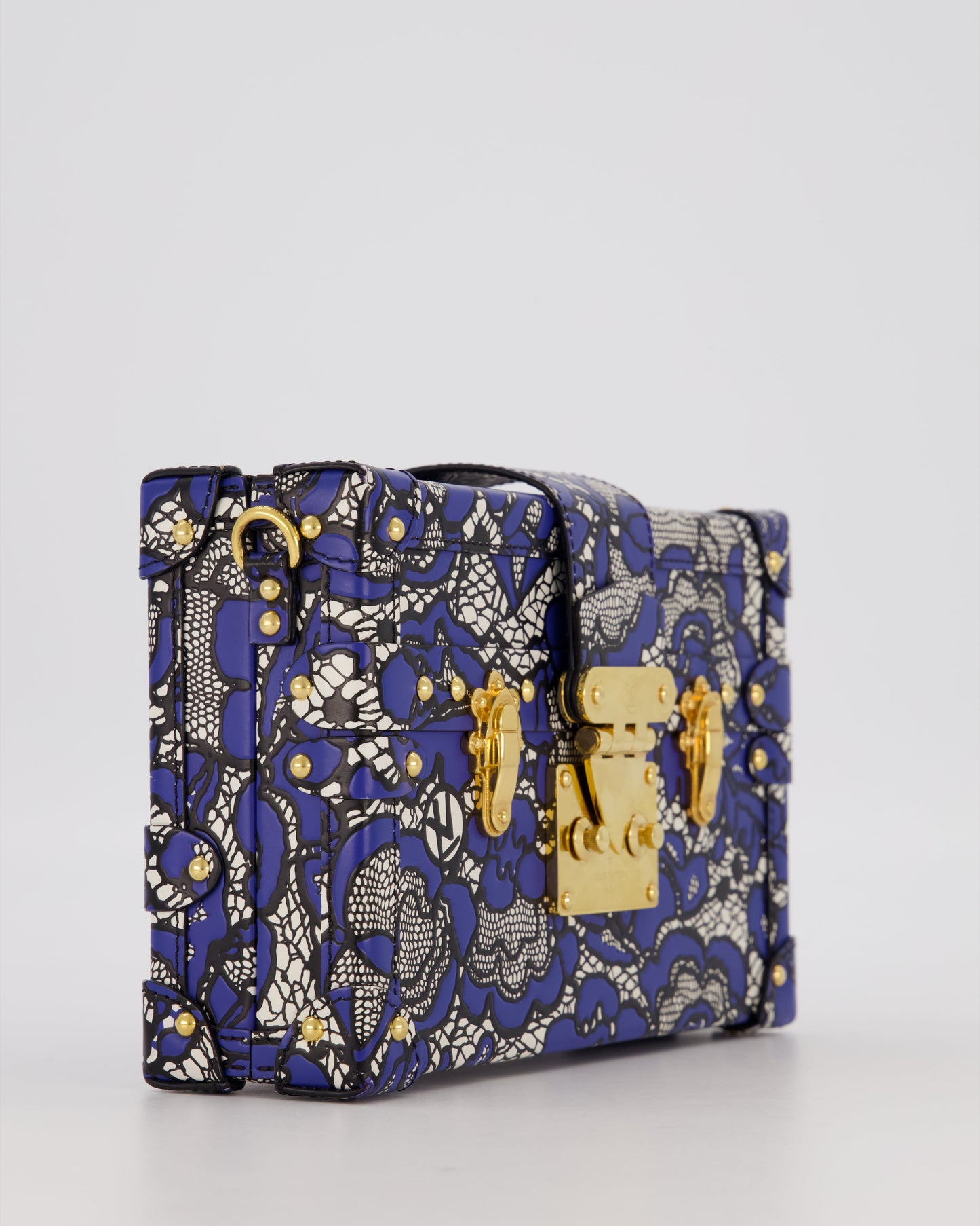 Louis Vuitton Blue Lace Floral Petite Malle Bag in Calfskin Leather With Gold Hardware