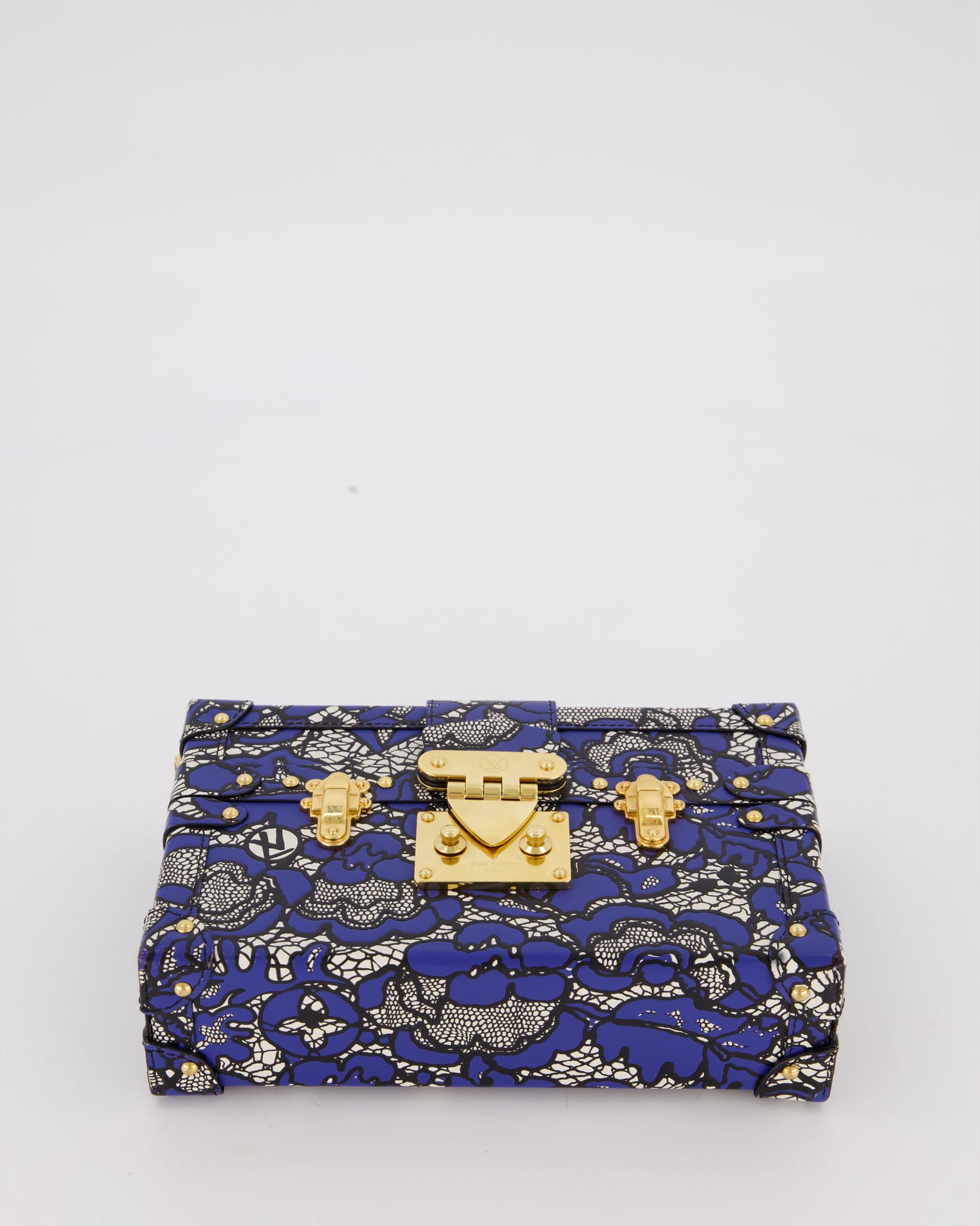Louis Vuitton Blue Lace Floral Petite Malle Bag in Calfskin Leather With Gold Hardware