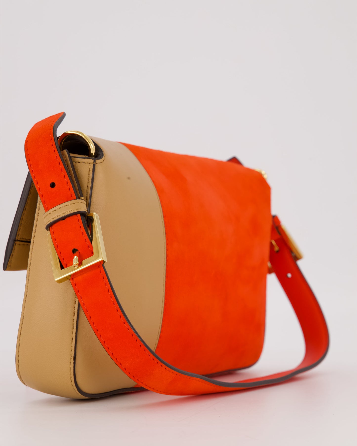 Fendi Fiery Orange and Beige Baguette 1997 Suede and Leather Contrasting Shoulder Bag with Gold Hardware
