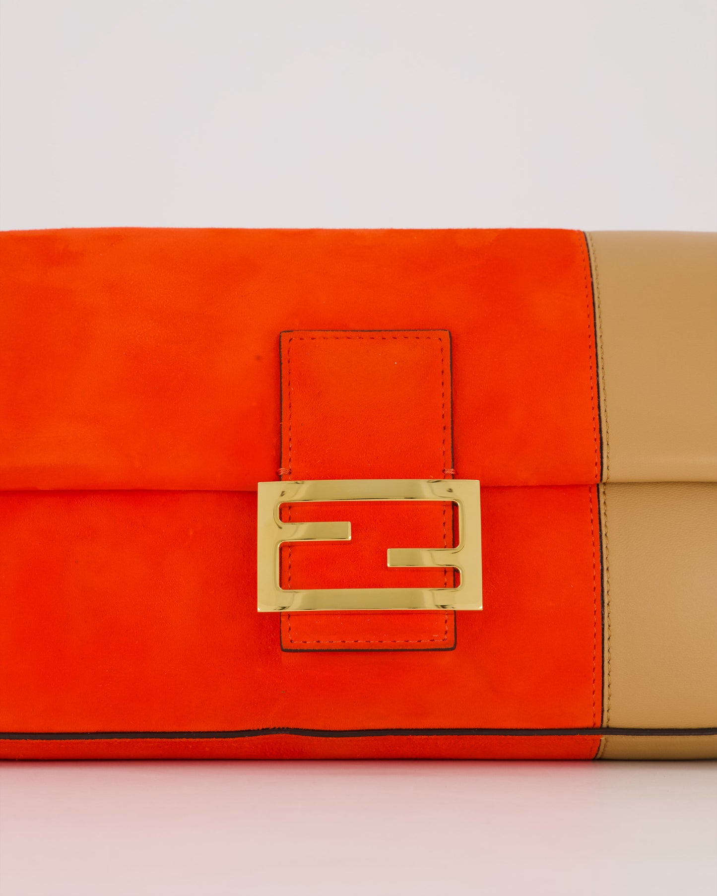 Fendi Fiery Orange and Beige Baguette 1997 Suede and Leather Contrasting Shoulder Bag with Gold Hardware