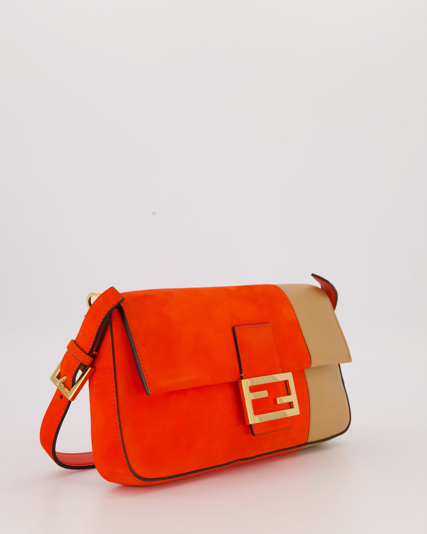 Fendi Fiery Orange and Beige Baguette 1997 Suede and Leather Contrasting Shoulder Bag with Gold Hardware