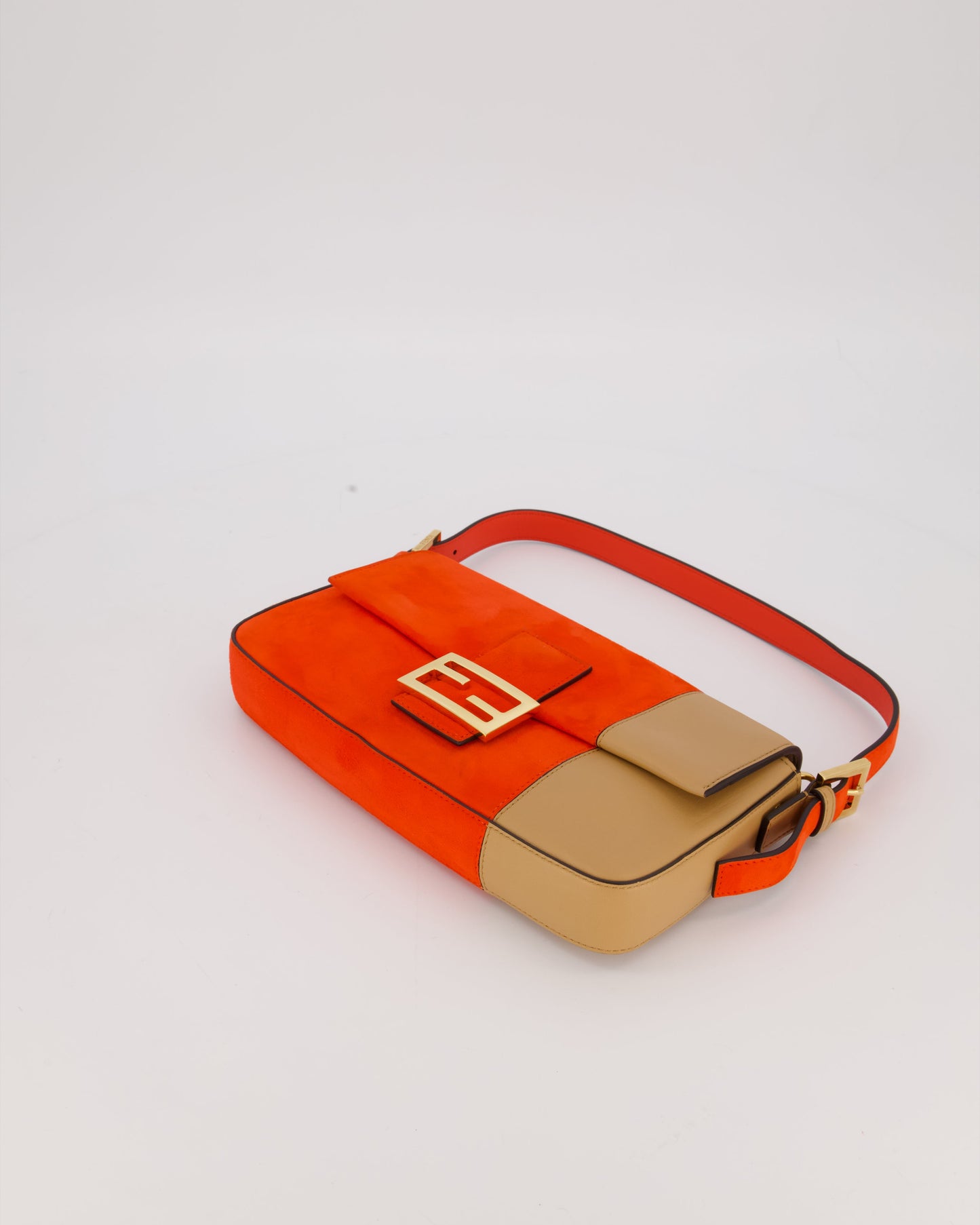 Fendi Fiery Orange and Beige Baguette 1997 Suede and Leather Contrasting Shoulder Bag with Gold Hardware