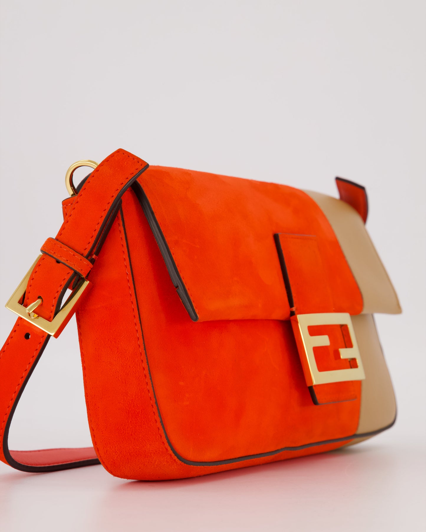 Fendi Fiery Orange and Beige Baguette 1997 Suede and Leather Contrasting Shoulder Bag with Gold Hardware