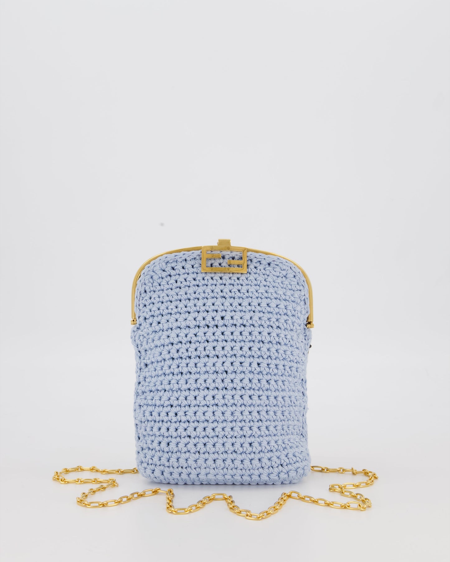 Fendi Sky Blue Baguette Phone Bag in Woven Crochet with Chain with Gold Hardware