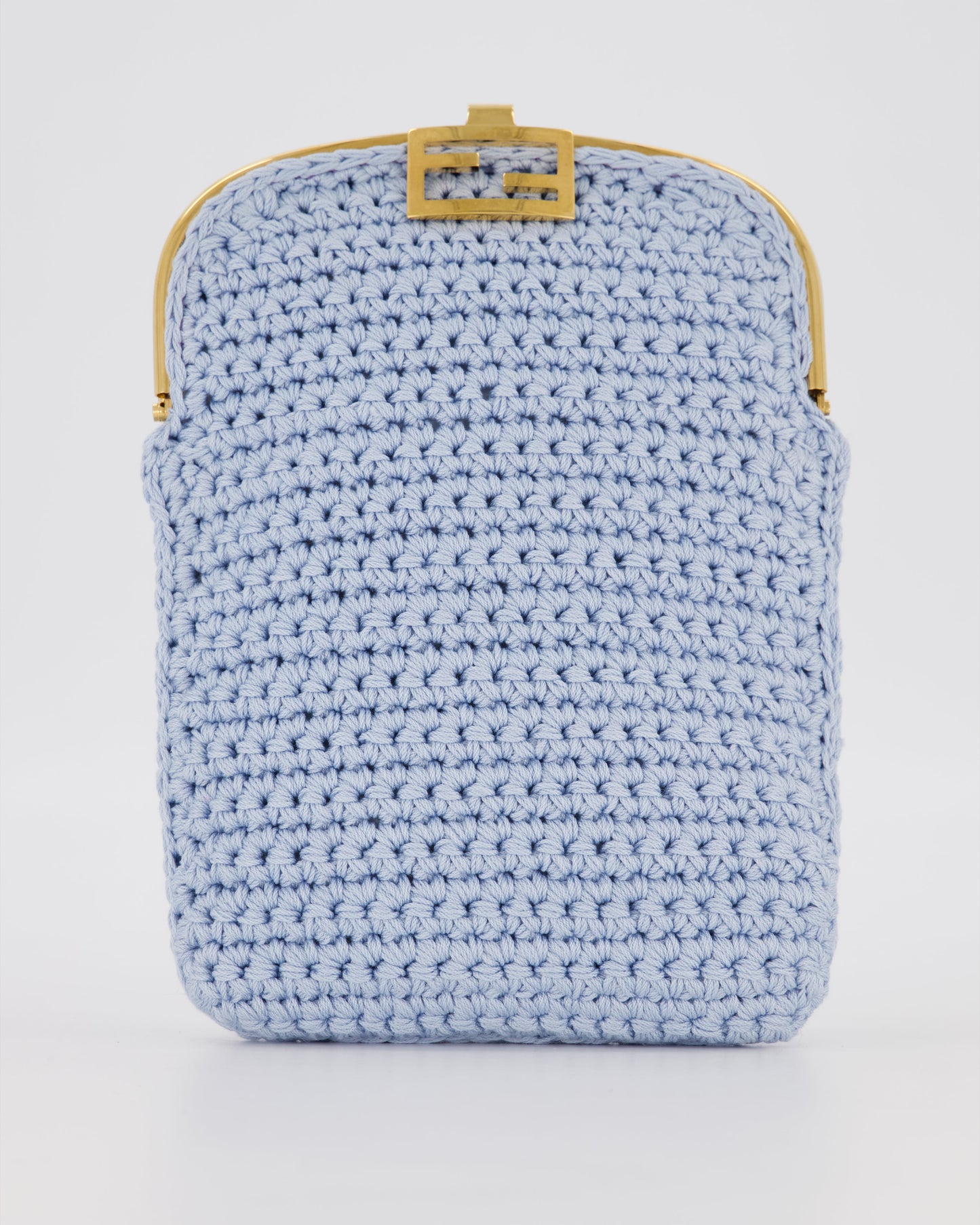 Fendi Sky Blue Baguette Phone Bag in Woven Crochet with Chain with Gold Hardware