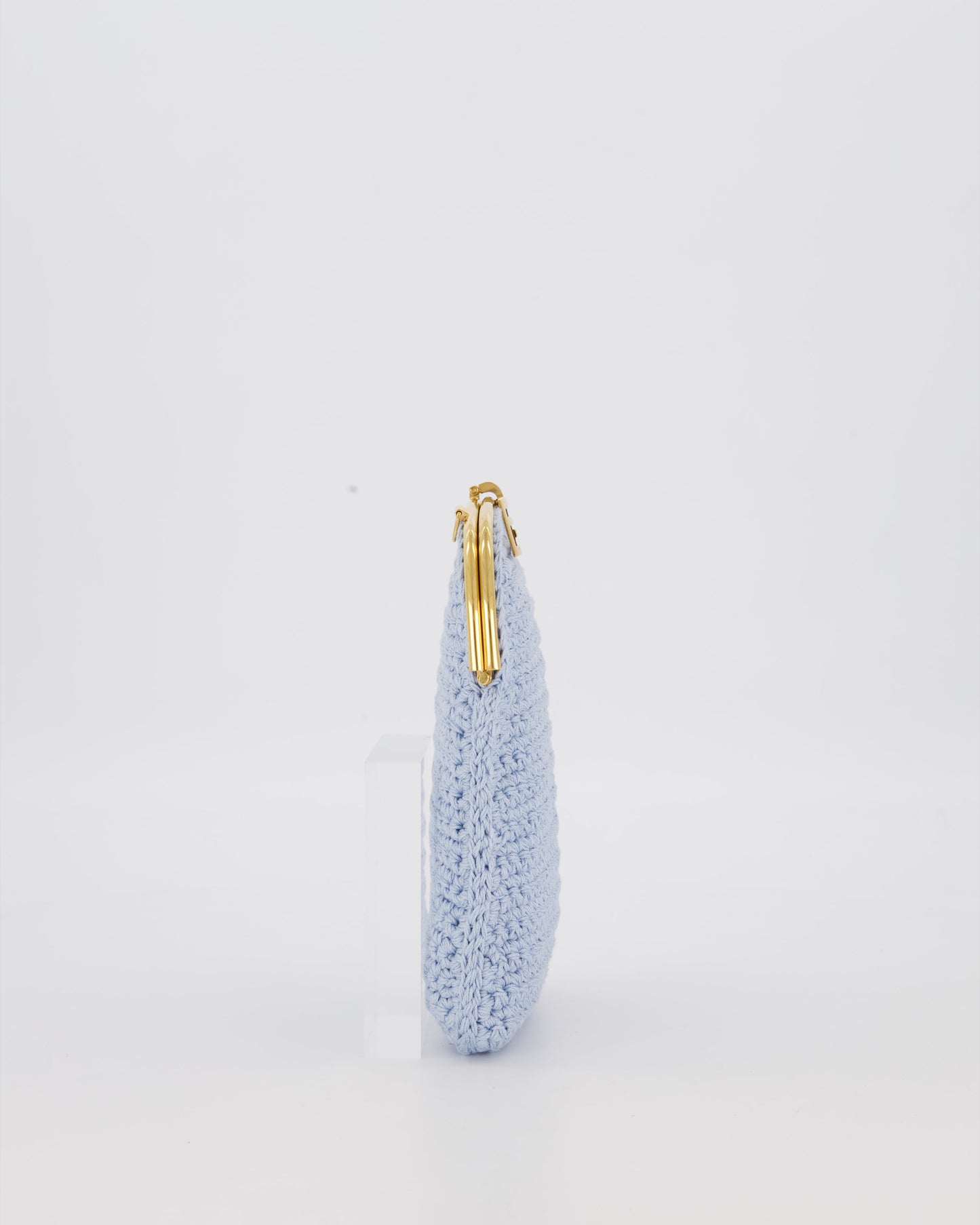 Fendi Sky Blue Baguette Phone Bag in Woven Crochet with Chain with Gold Hardware