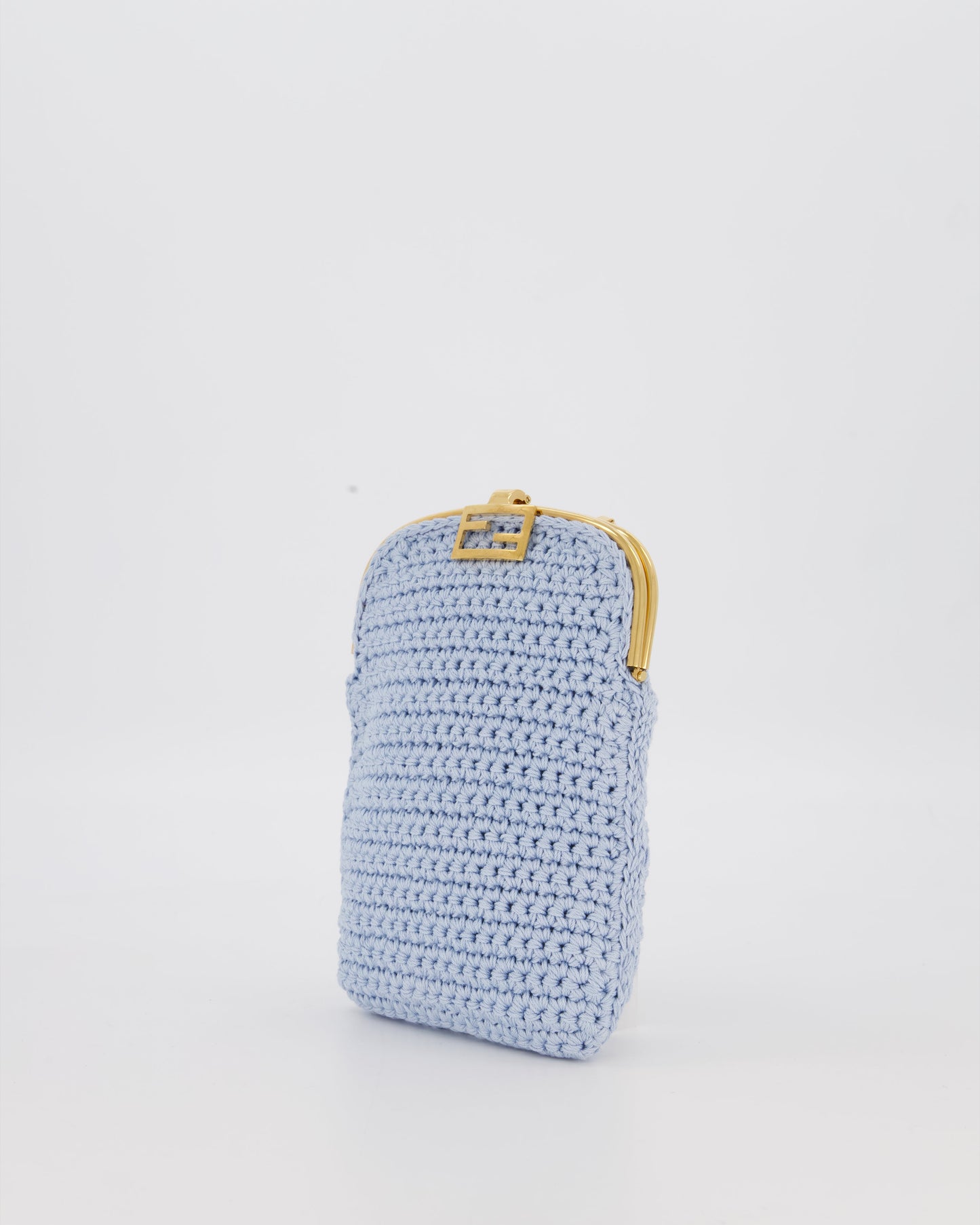 Fendi Sky Blue Baguette Phone Bag in Woven Crochet with Chain with Gold Hardware