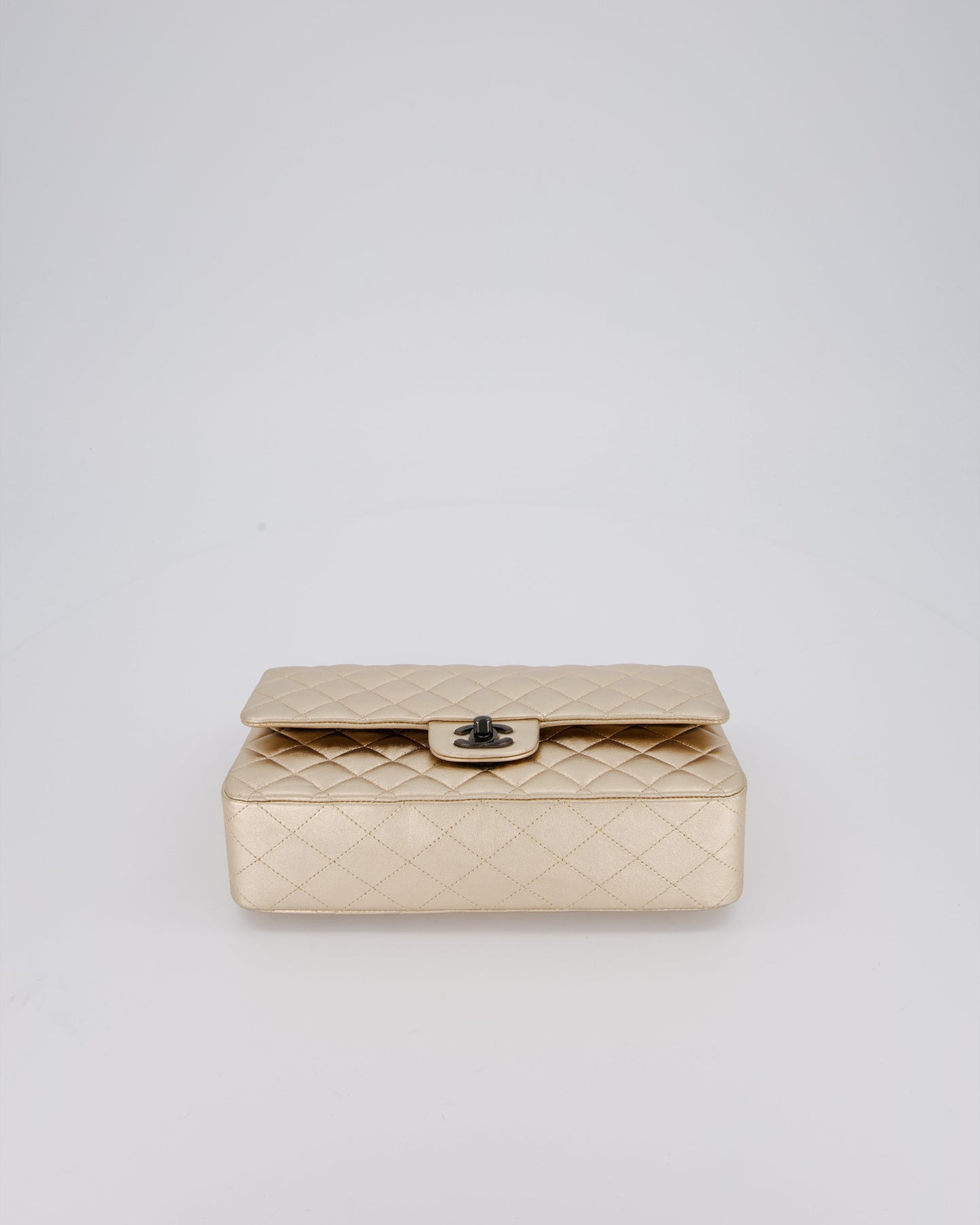 Chanel Metallic Gold Classic Medium Double Flap Bag in Lambskin Leather with Black contrasting Hardware
