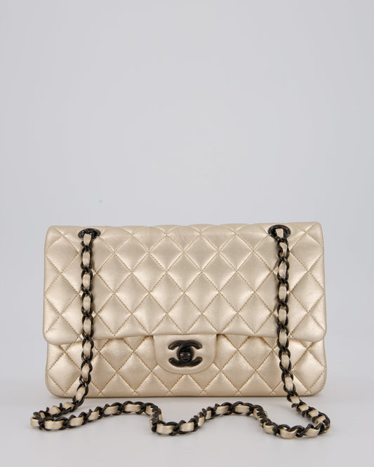 Chanel Metallic Gold Classic Medium Double Flap Bag in Lambskin Leather with Black contrasting Hardware