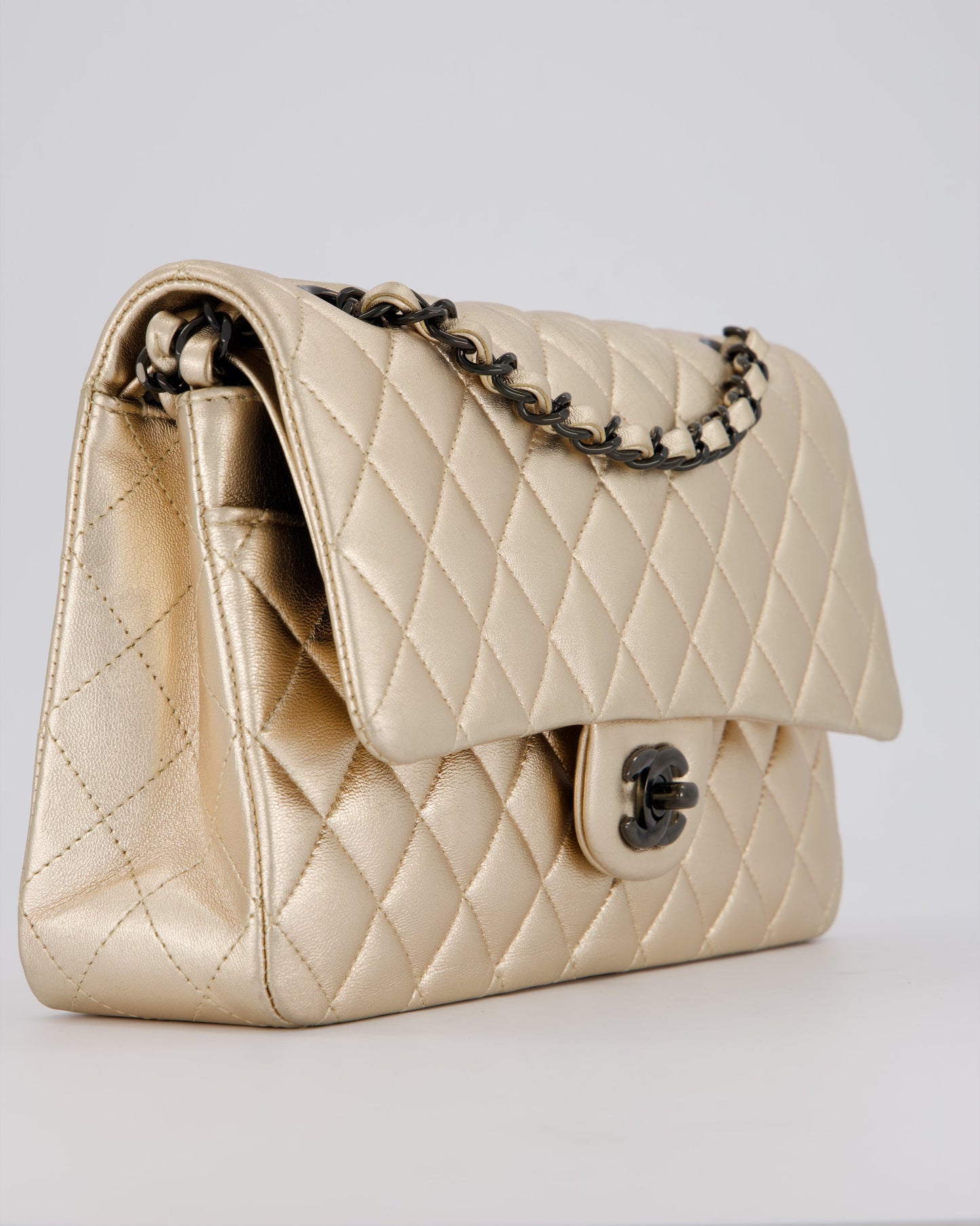 Chanel Metallic Gold Classic Medium Double Flap Bag in Lambskin Leather with Black contrasting Hardware