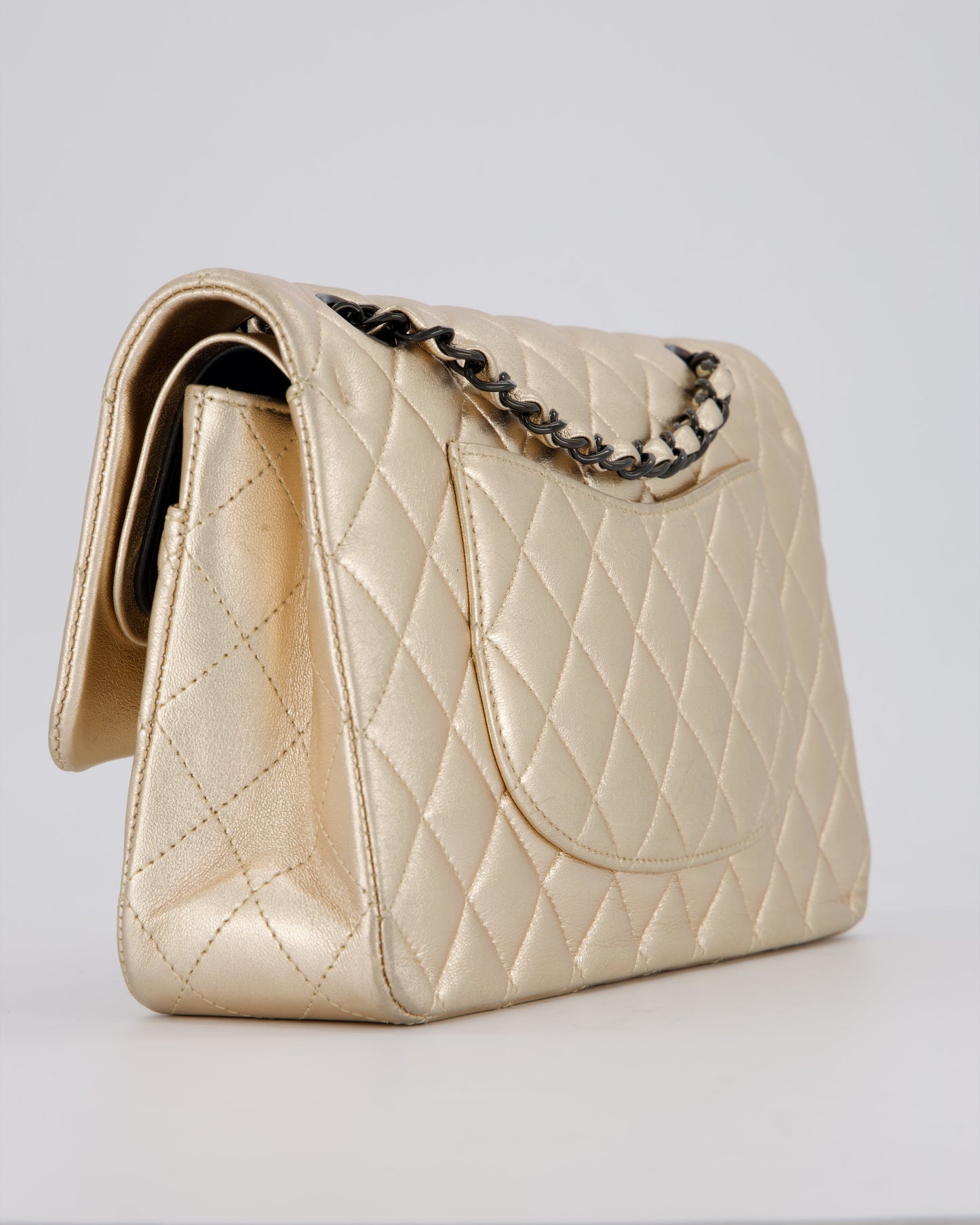 Chanel Metallic Gold Classic Medium Double Flap Bag in Lambskin Leather with Black contrasting Hardware