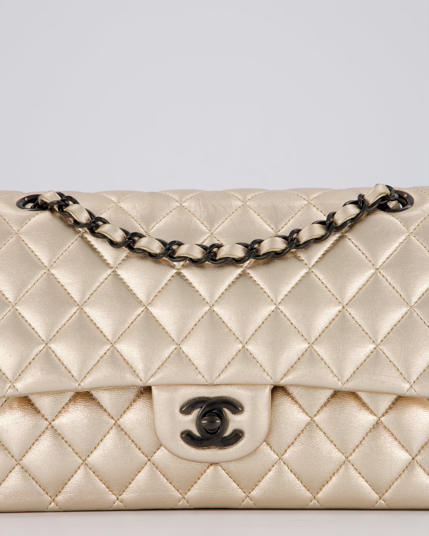 Chanel Metallic Gold Classic Medium Double Flap Bag in Lambskin Leather with Black contrasting Hardware