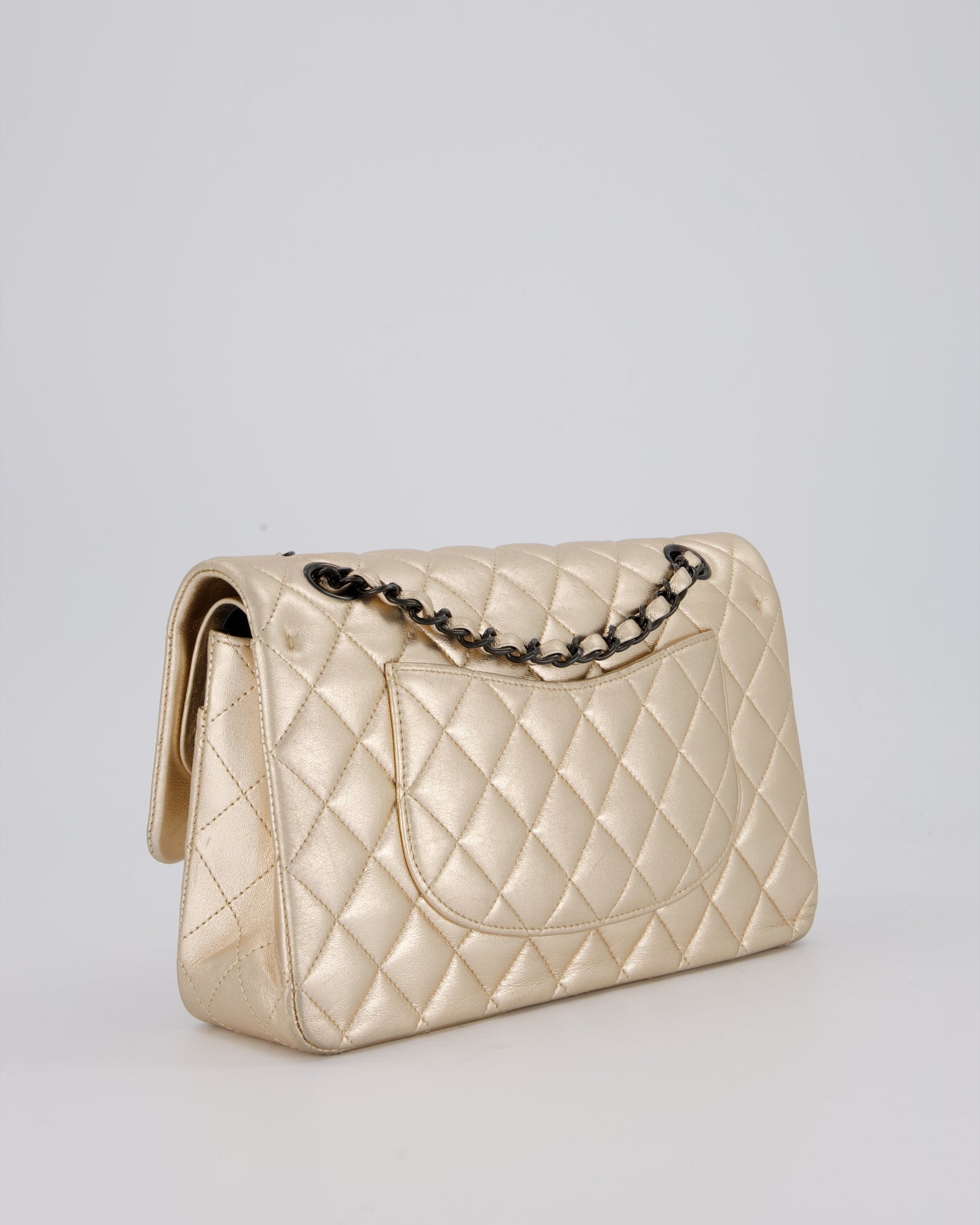 Chanel Metallic Gold Classic Medium Double Flap Bag in Lambskin Leather with Black contrasting Hardware