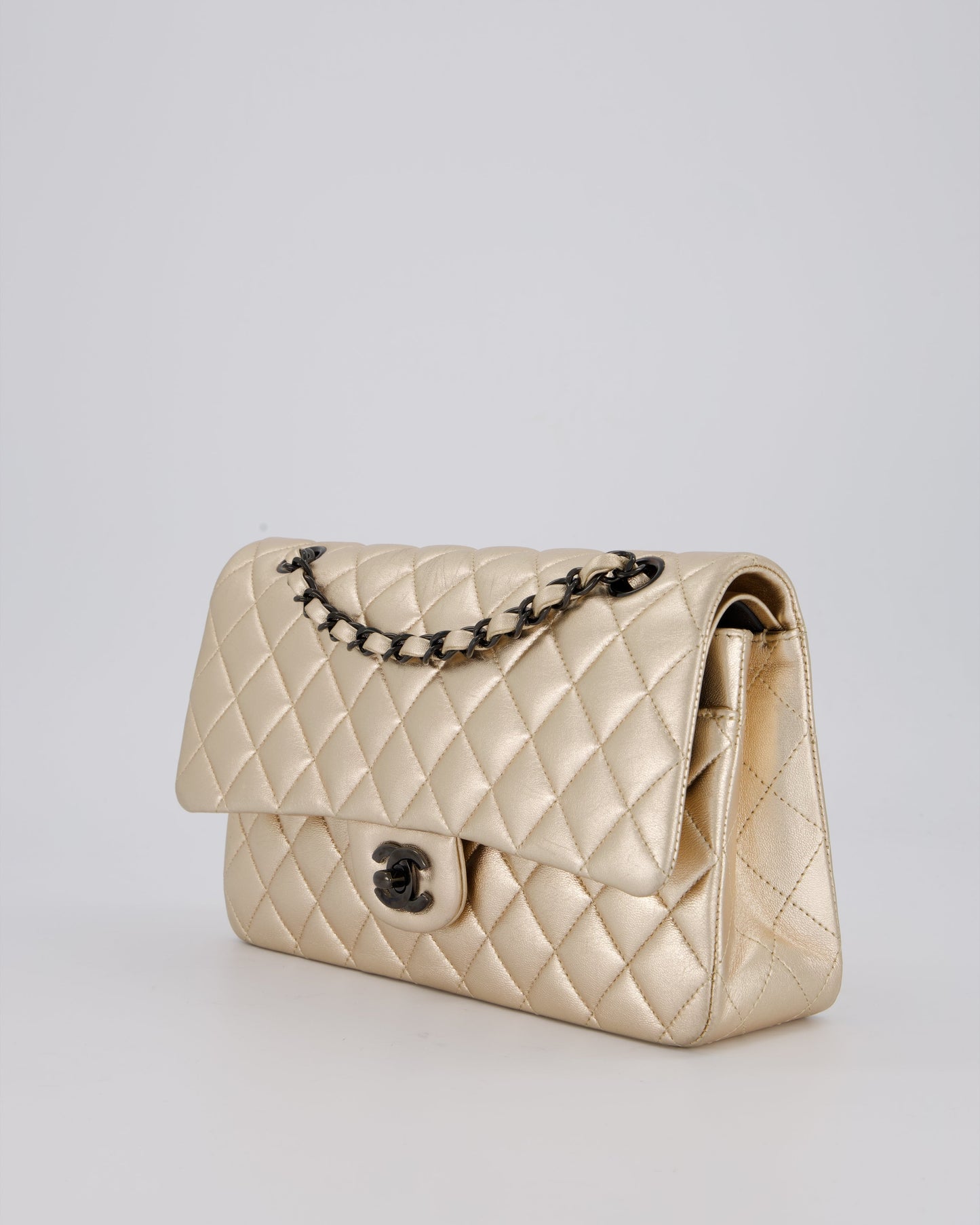 Chanel Metallic Gold Classic Medium Double Flap Bag in Lambskin Leather with Black contrasting Hardware