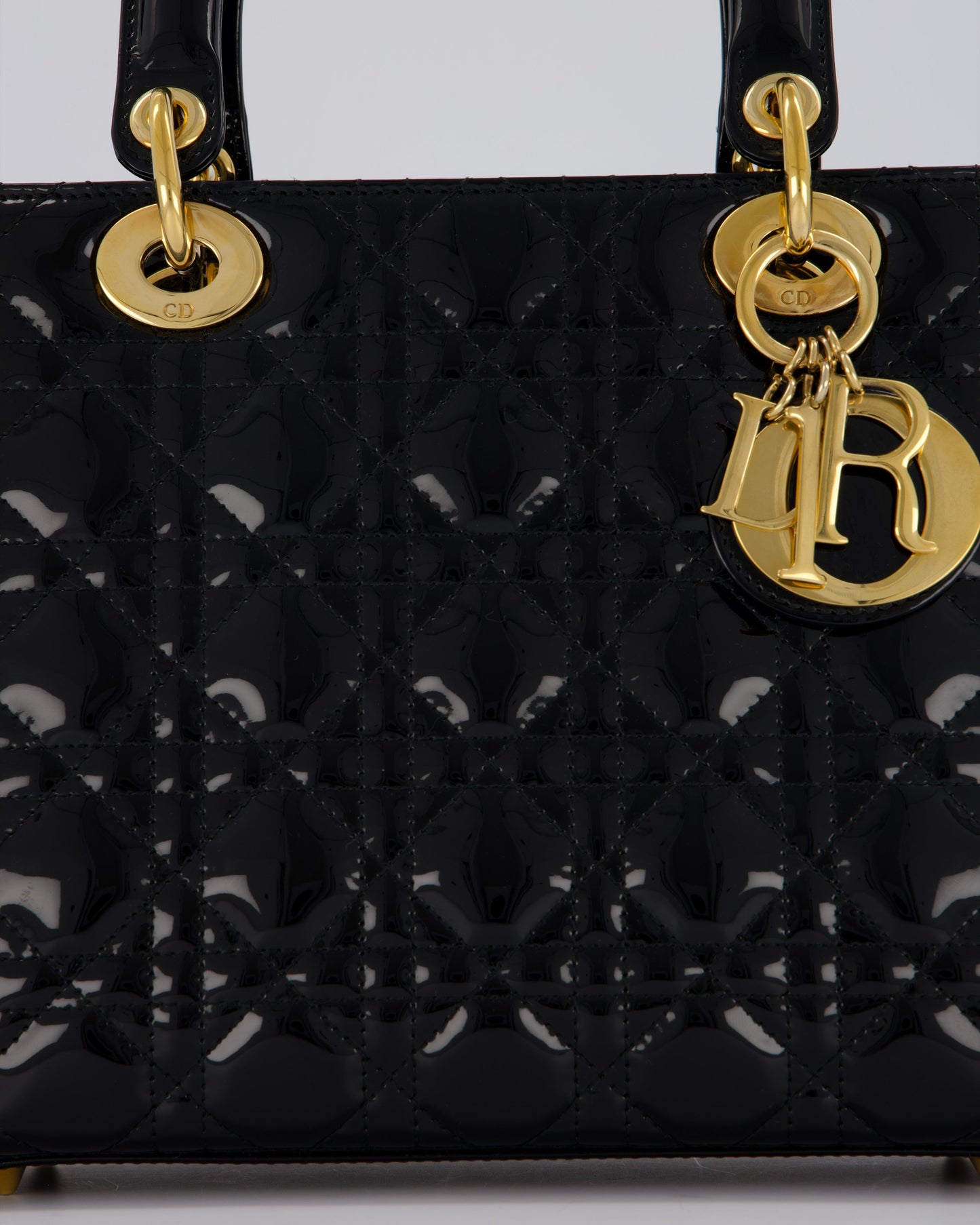 Christian Dior Medium Lady Dior Bag in Black Patent Leather With Gold Hardware