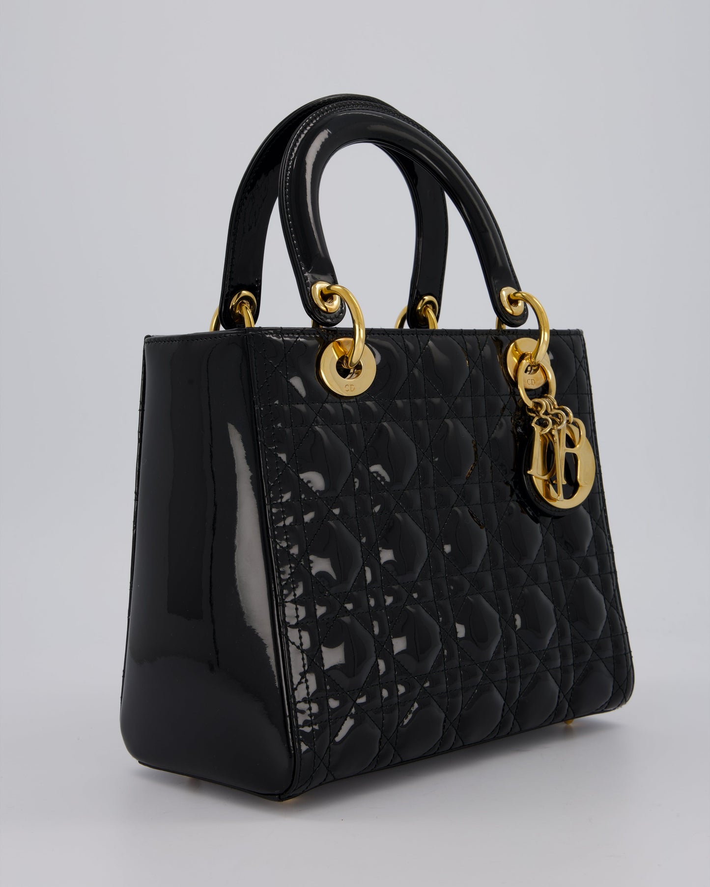 Christian Dior Medium Lady Dior Bag in Black Patent Leather With Gold Hardware