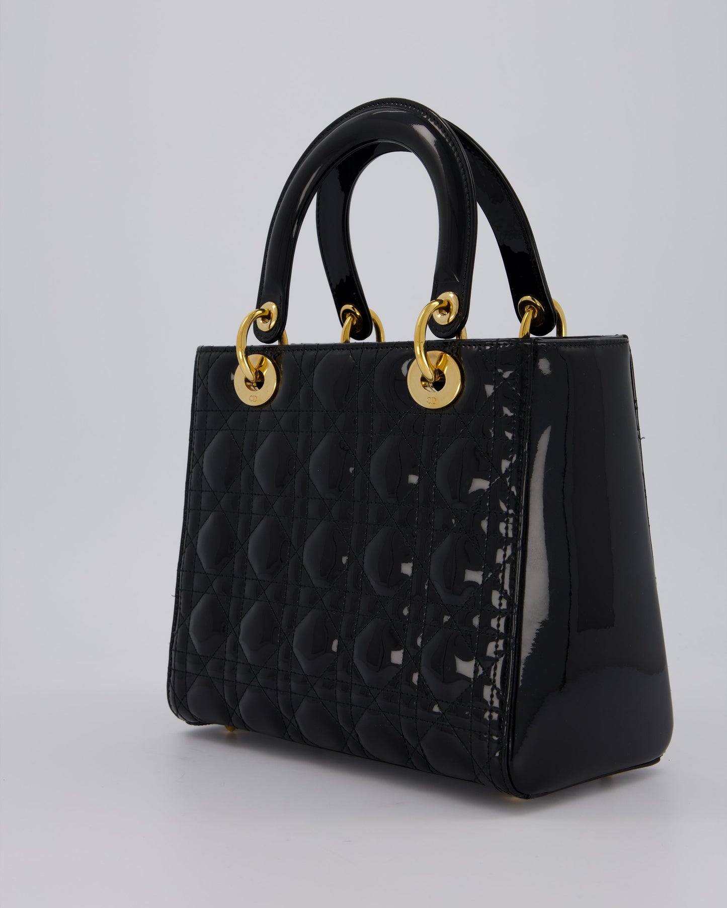 Christian Dior Medium Lady Dior Bag in Black Patent Leather With Gold Hardware