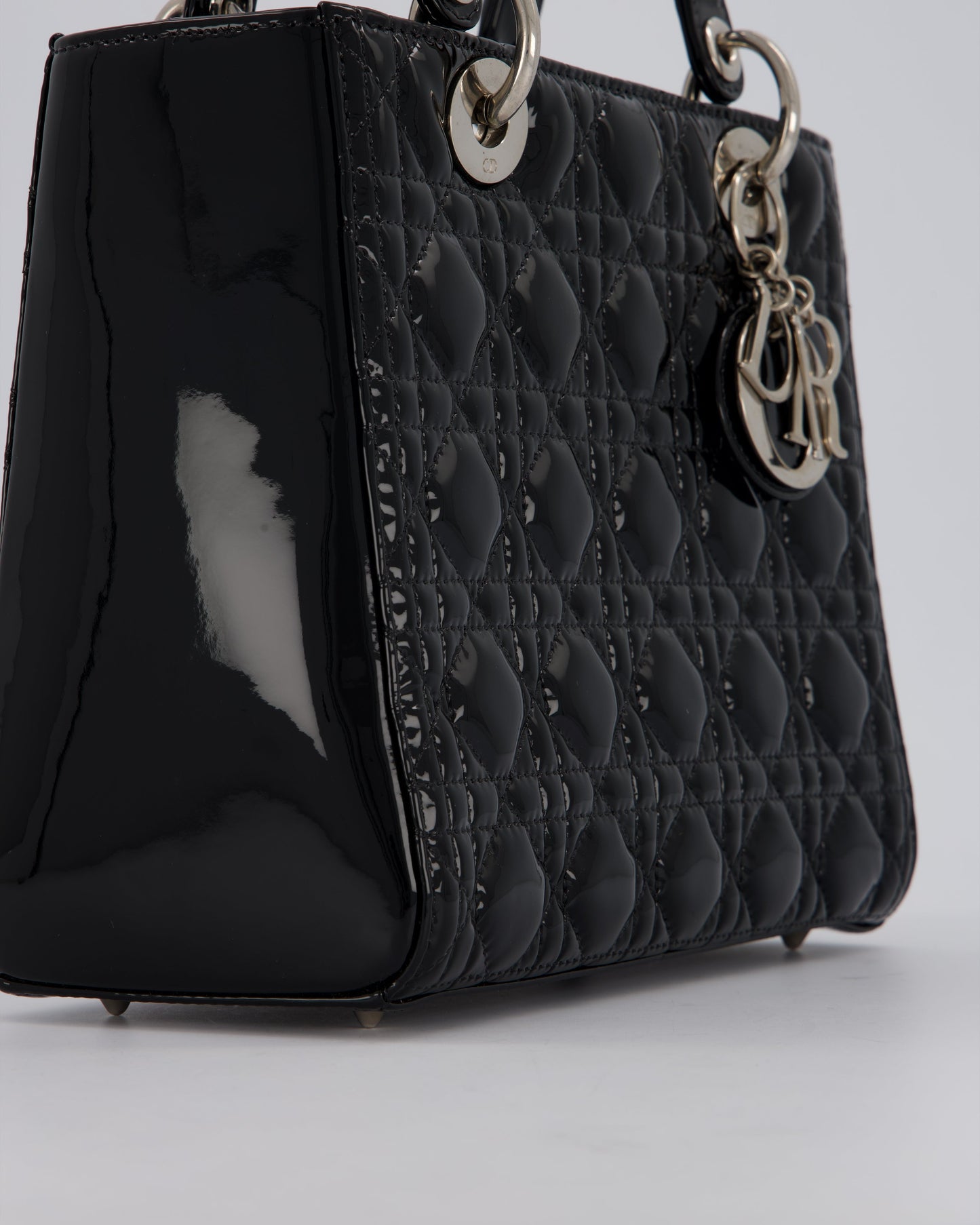 Christian Dior Medium Lady Dior Bag in Black Patent Leather With Silver Hardware