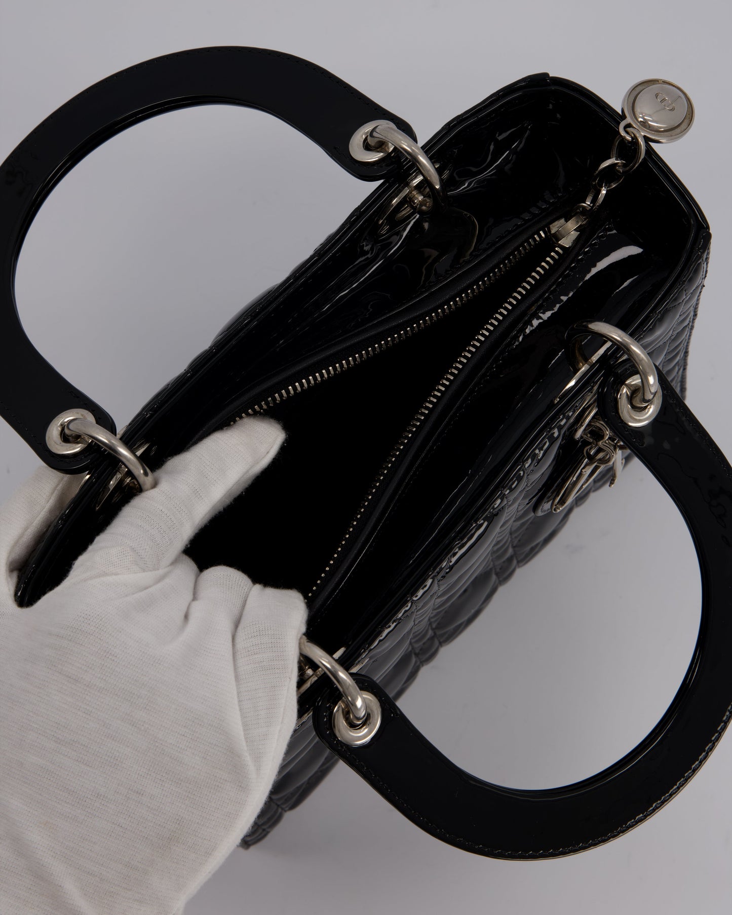 Christian Dior Medium Lady Dior Bag in Black Patent Leather With Silver Hardware