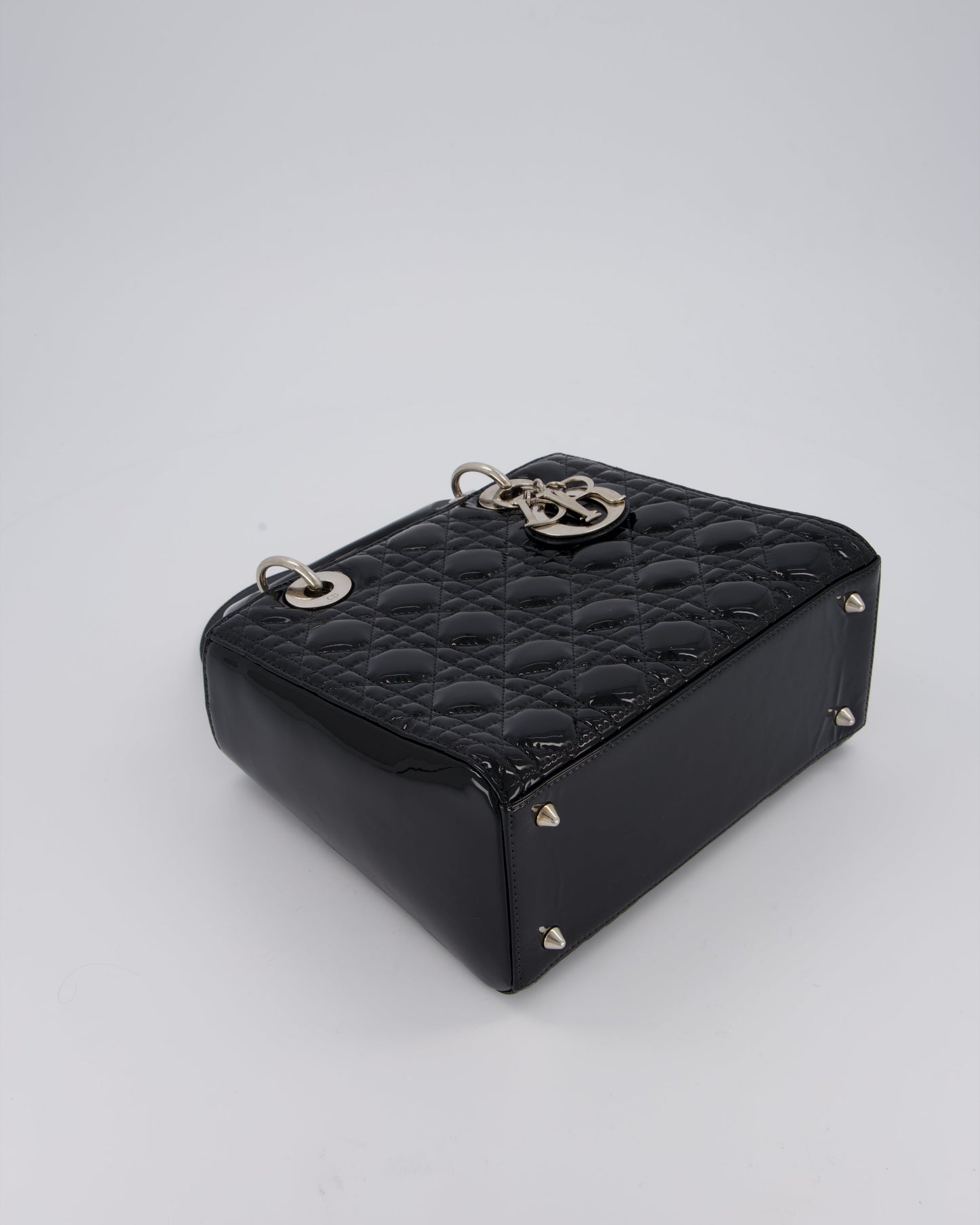 Christian Dior Medium Lady Dior Bag in Black Patent Leather With Silver Hardware