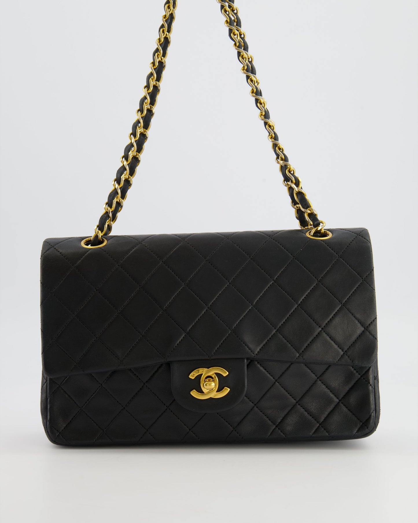 Chanel Medium Classic Double Flap Bag in Black Lambskin Leather with 24K Gold Hardware