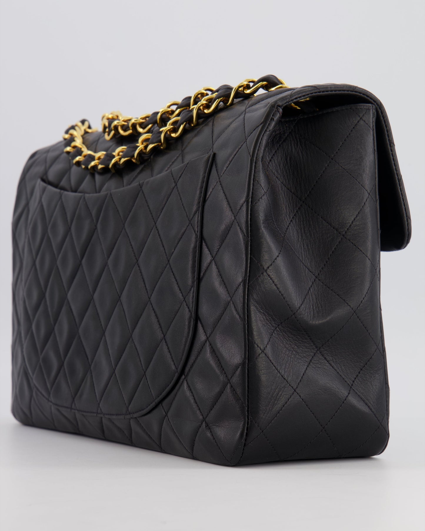 Chanel XL Maxi Single Flap Bag in Black Lambskin Leather with 24K Gold Hardware