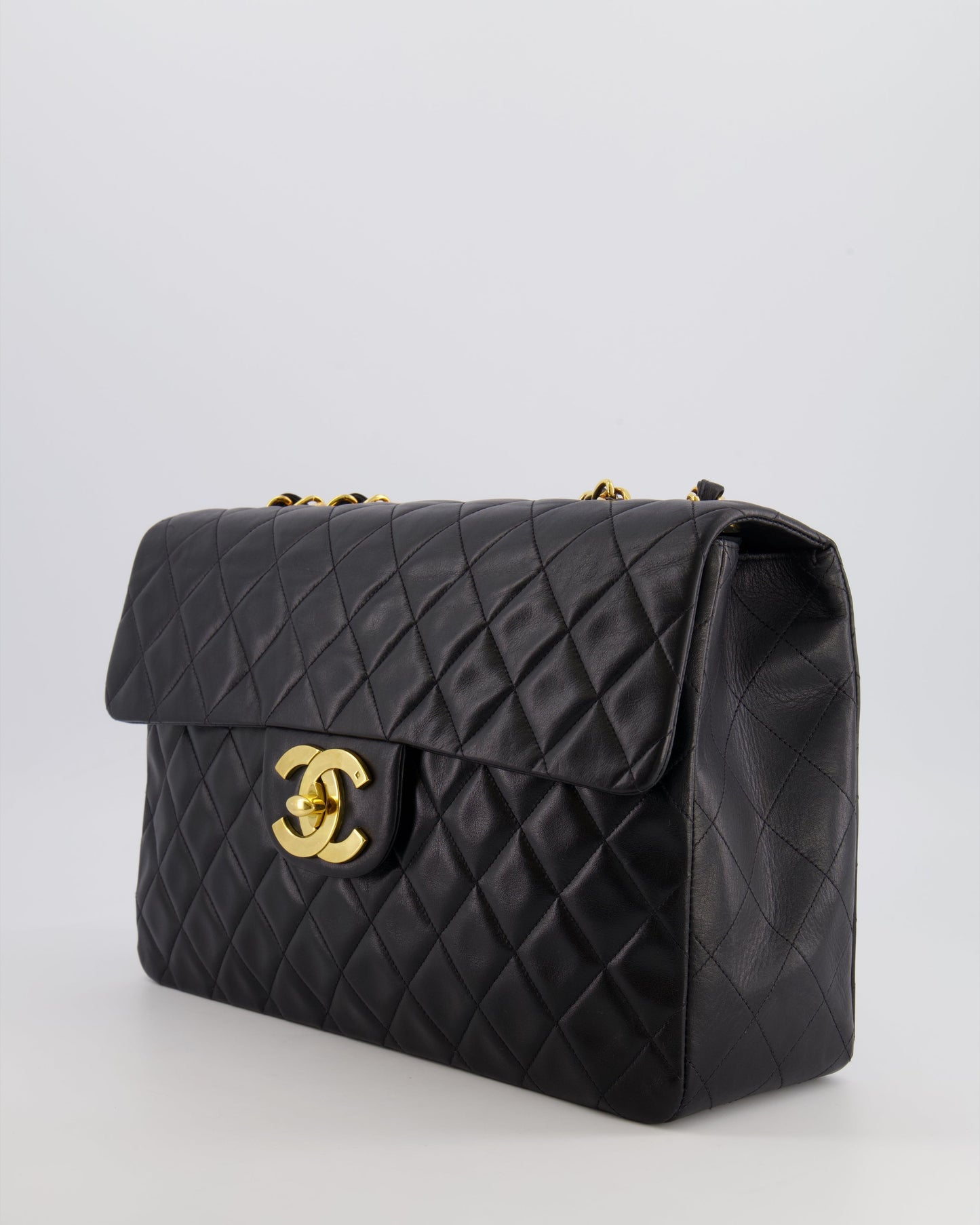 Chanel XL Maxi Single Flap Bag in Black Lambskin Leather with 24K Gold Hardware