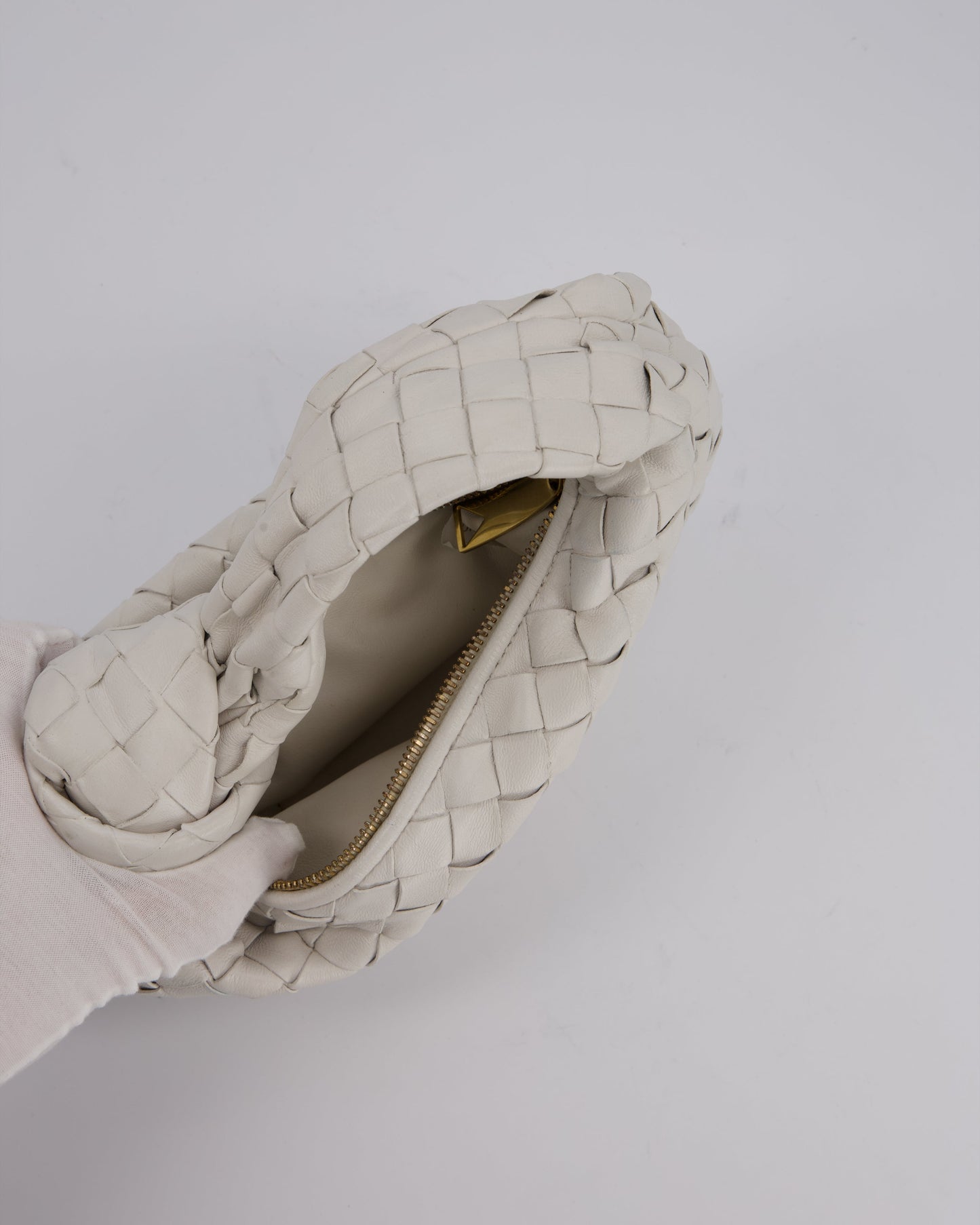 Bottega Veneta White Mini Jodie Bag in Intrecciato Leather with Gold Hardware