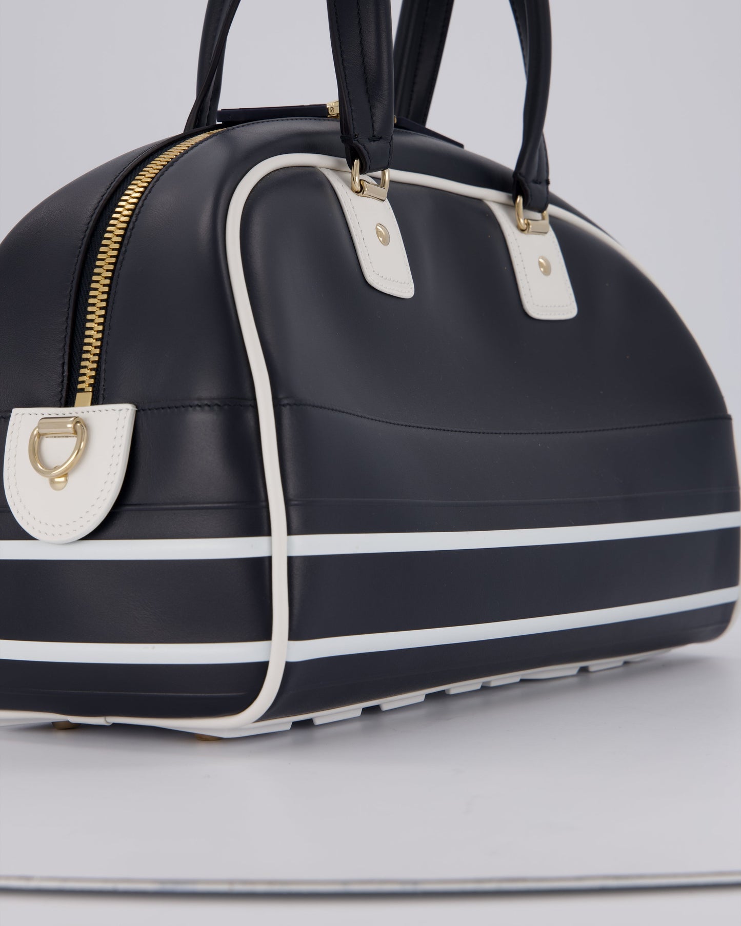 Christian Dior Vibe Bowling Bag in Navy Blue Calfskin Leather with Gold Hardware