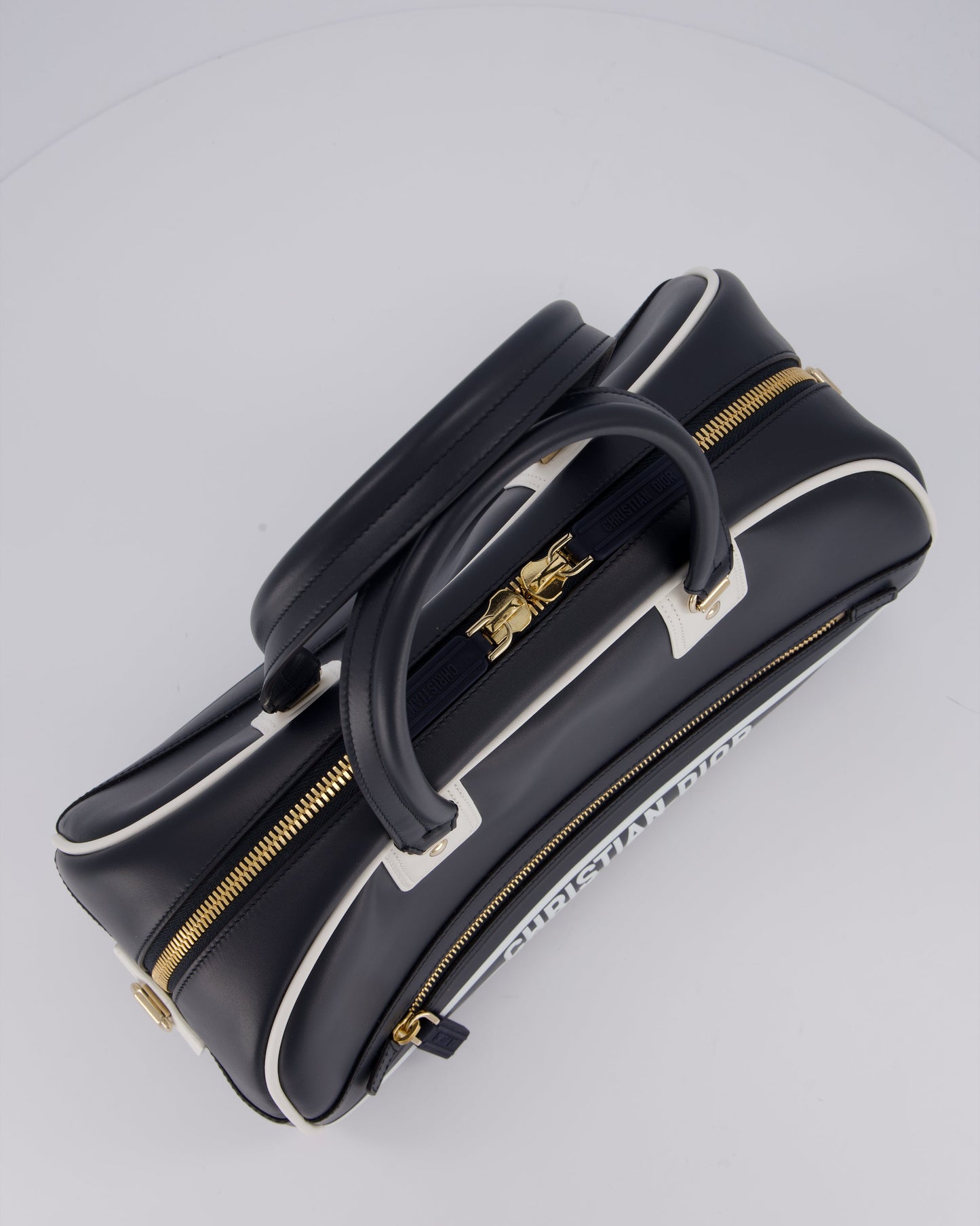 Christian Dior Vibe Bowling Bag in Navy Blue Calfskin Leather with Gold Hardware