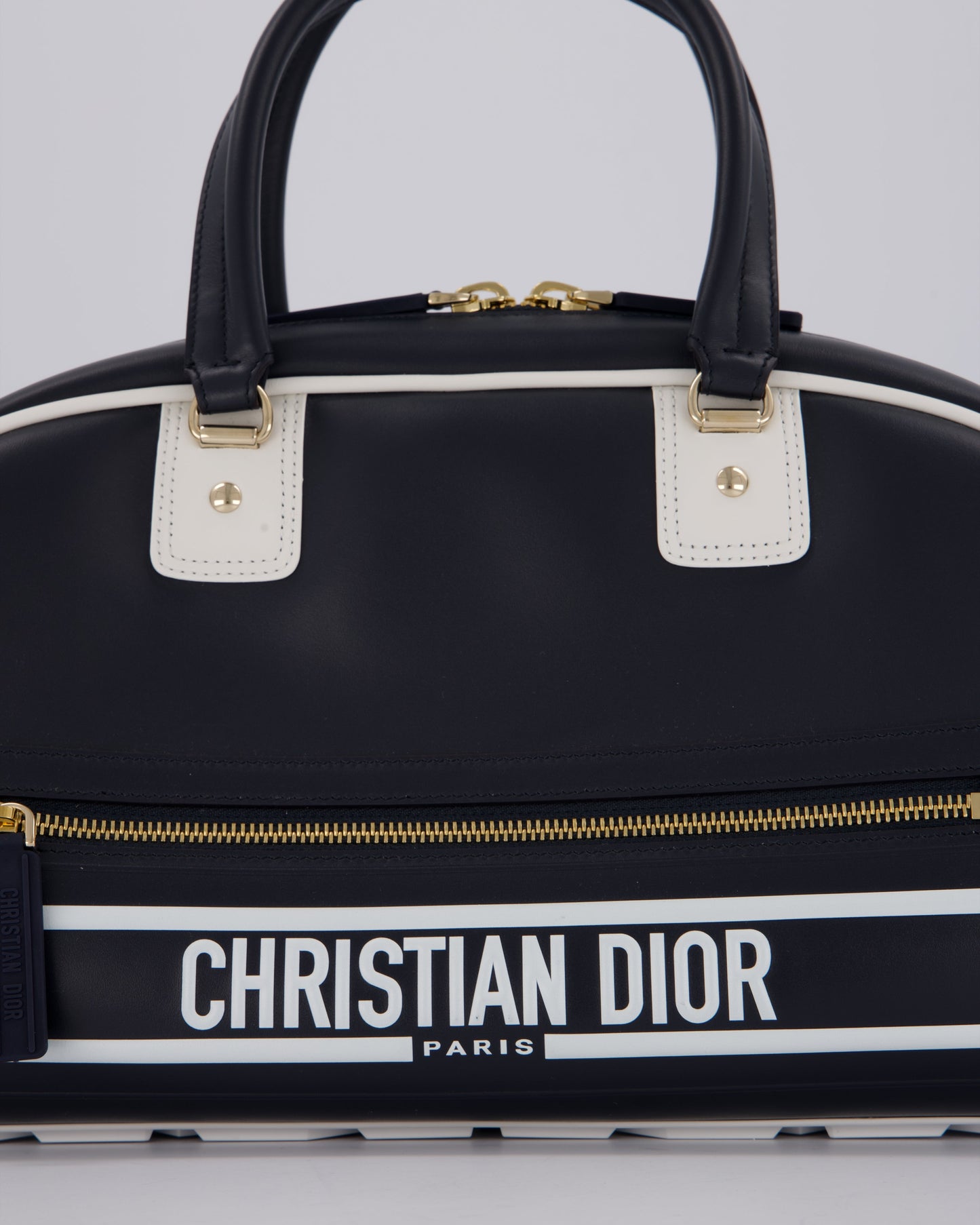 Christian Dior Vibe Bowling Bag in Navy Blue Calfskin Leather with Gold Hardware